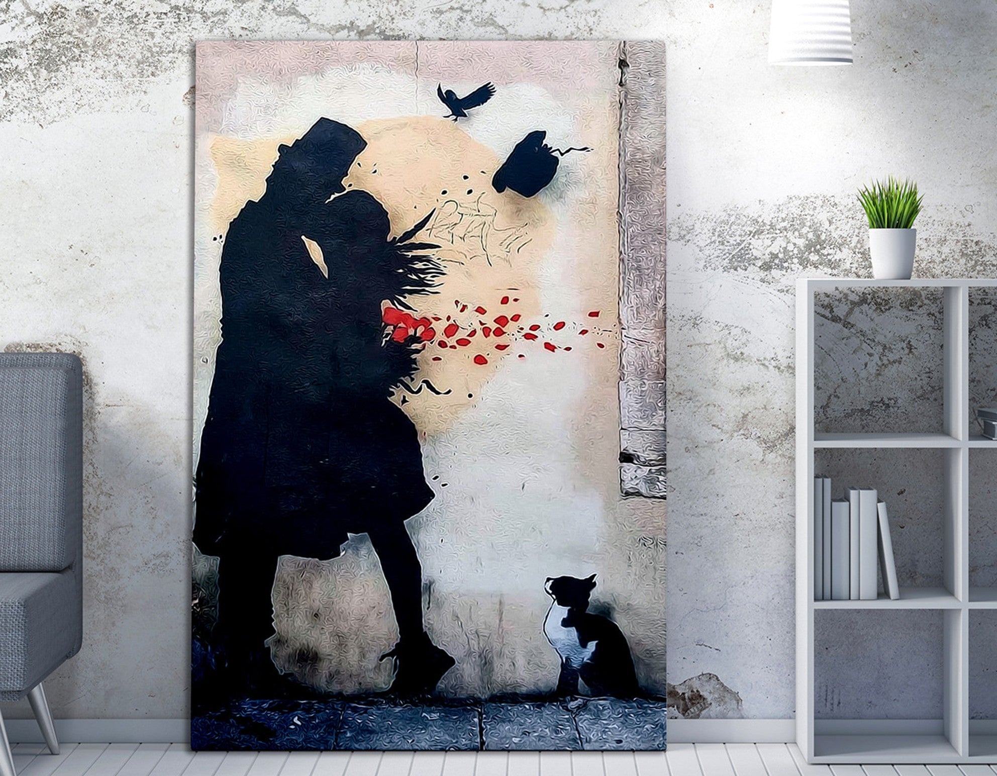 Impressionante tela decorativa de Banksy, 70 x 100 cm, 50% algodão/50% poliéster, emoldurada com moldura de madeira de 2 x 3 cm | Perfeito para decoração moderna