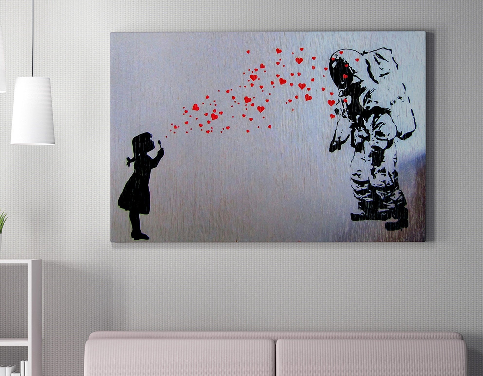 Impressionante tela decorativa de Banksy, 70 x 100 cm, 50% algodão/50% poliéster, emoldurada com moldura de madeira de 2 x 3 cm | Perfeito para decoração moderna