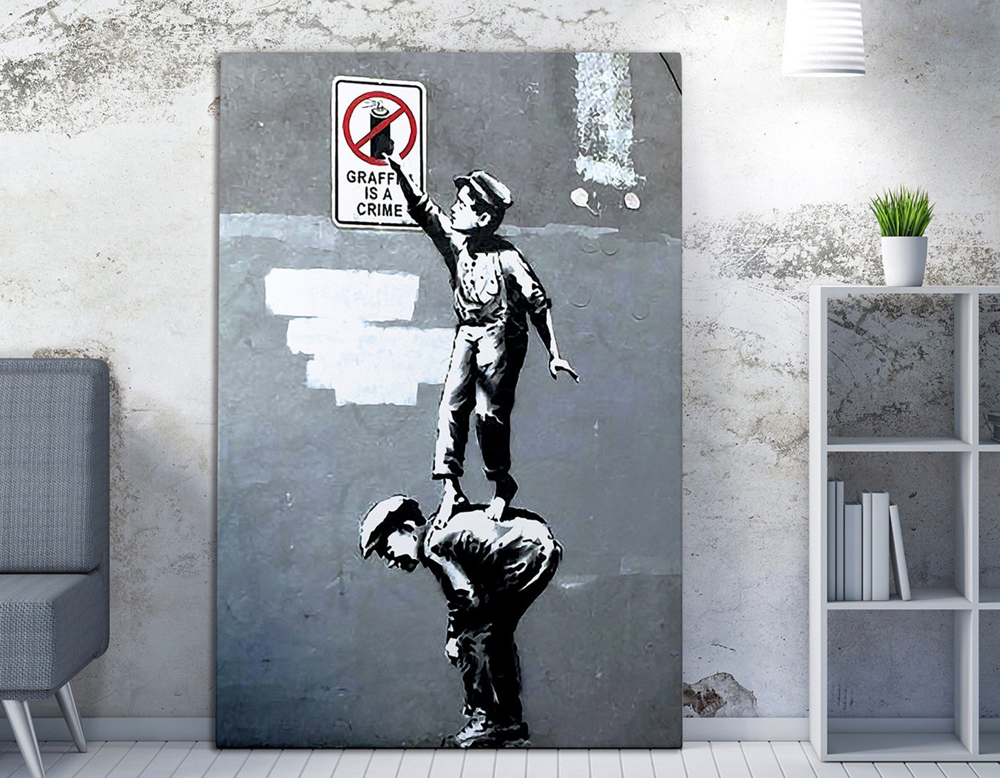 Impressionante tela decorativa de Banksy, 70 x 100 cm, 50% algodão/50% poliéster, emoldurada com moldura de madeira de 2 x 3 cm | Perfeito para decoração moderna