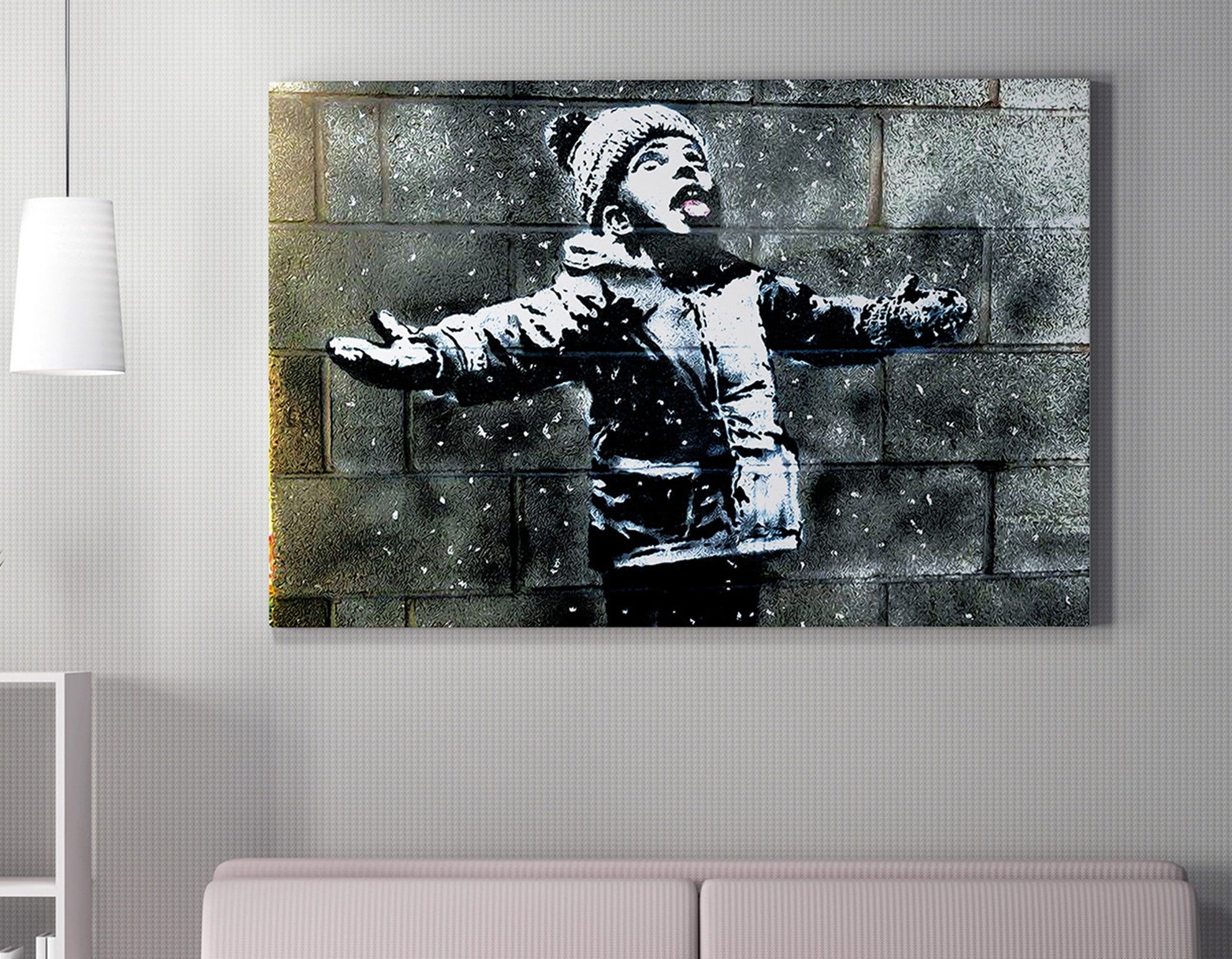 Impressionante tela decorativa de Banksy, 70 x 100 cm, 50% algodão/50% poliéster, emoldurada com moldura de madeira de 2 x 3 cm | Perfeito para decoração moderna
