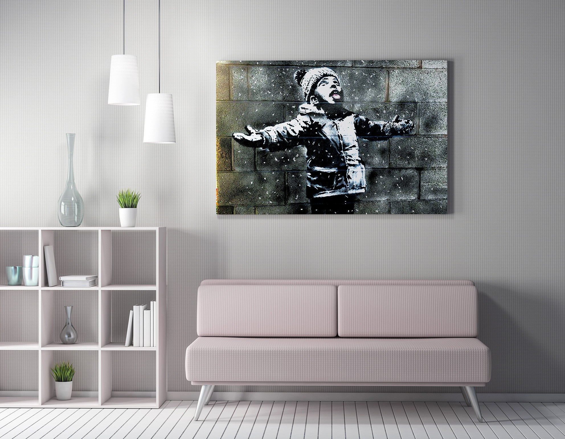 Impressionante tela decorativa de Banksy, 70 x 100 cm, 50% algodão/50% poliéster, emoldurada com moldura de madeira de 2 x 3 cm | Perfeito para decoração moderna
