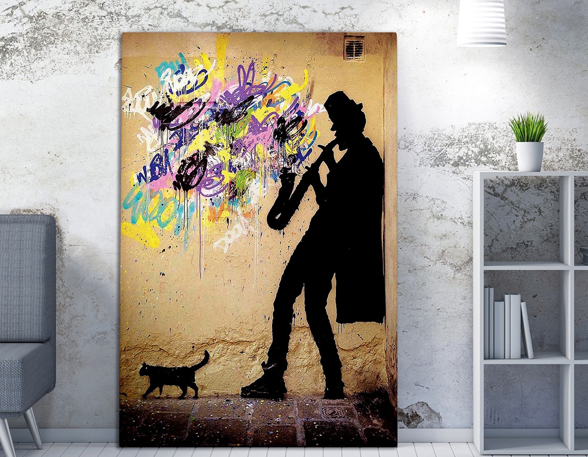 Impressionante tela decorativa de Banksy, 70 x 100 cm, 50% algodão/50% poliéster, emoldurada com moldura de madeira de 2 x 3 cm | Perfeito para decoração moderna