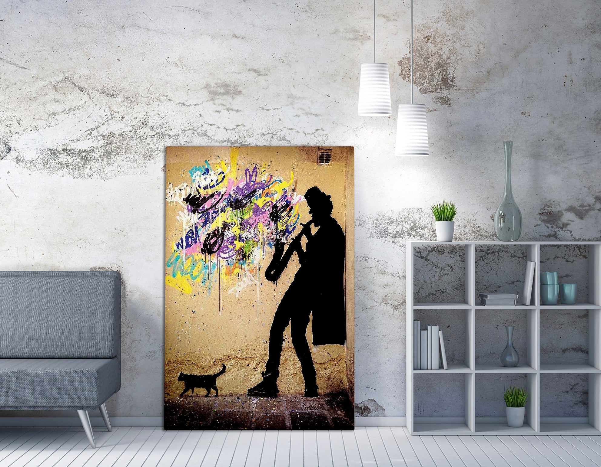 Impressionante tela decorativa de Banksy, 70 x 100 cm, 50% algodão/50% poliéster, emoldurada com moldura de madeira de 2 x 3 cm | Perfeito para decoração moderna