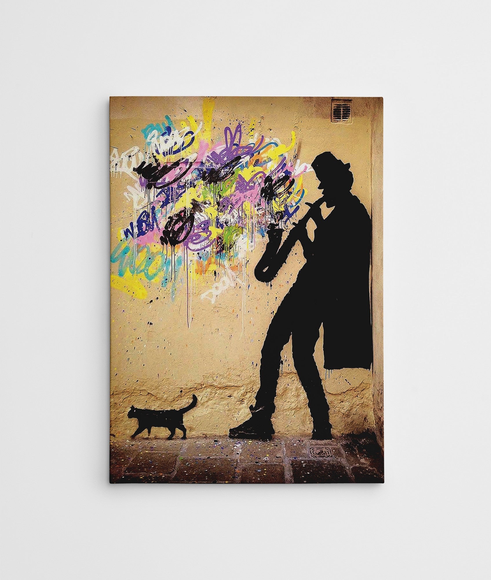 Impressionante tela decorativa de Banksy, 70 x 100 cm, 50% algodão/50% poliéster, emoldurada com moldura de madeira de 2 x 3 cm | Perfeito para decoração moderna
