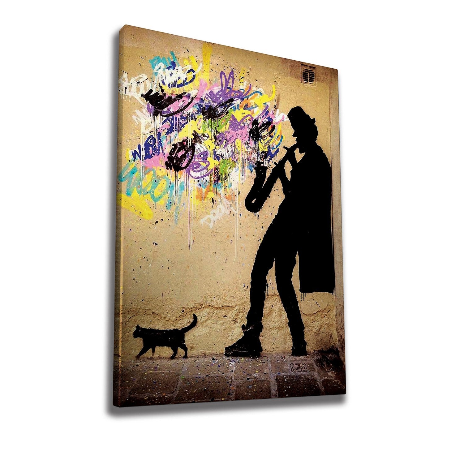 Impressionante tela decorativa de Banksy, 70 x 100 cm, 50% algodão/50% poliéster, emoldurada com moldura de madeira de 2 x 3 cm | Perfeito para decoração moderna