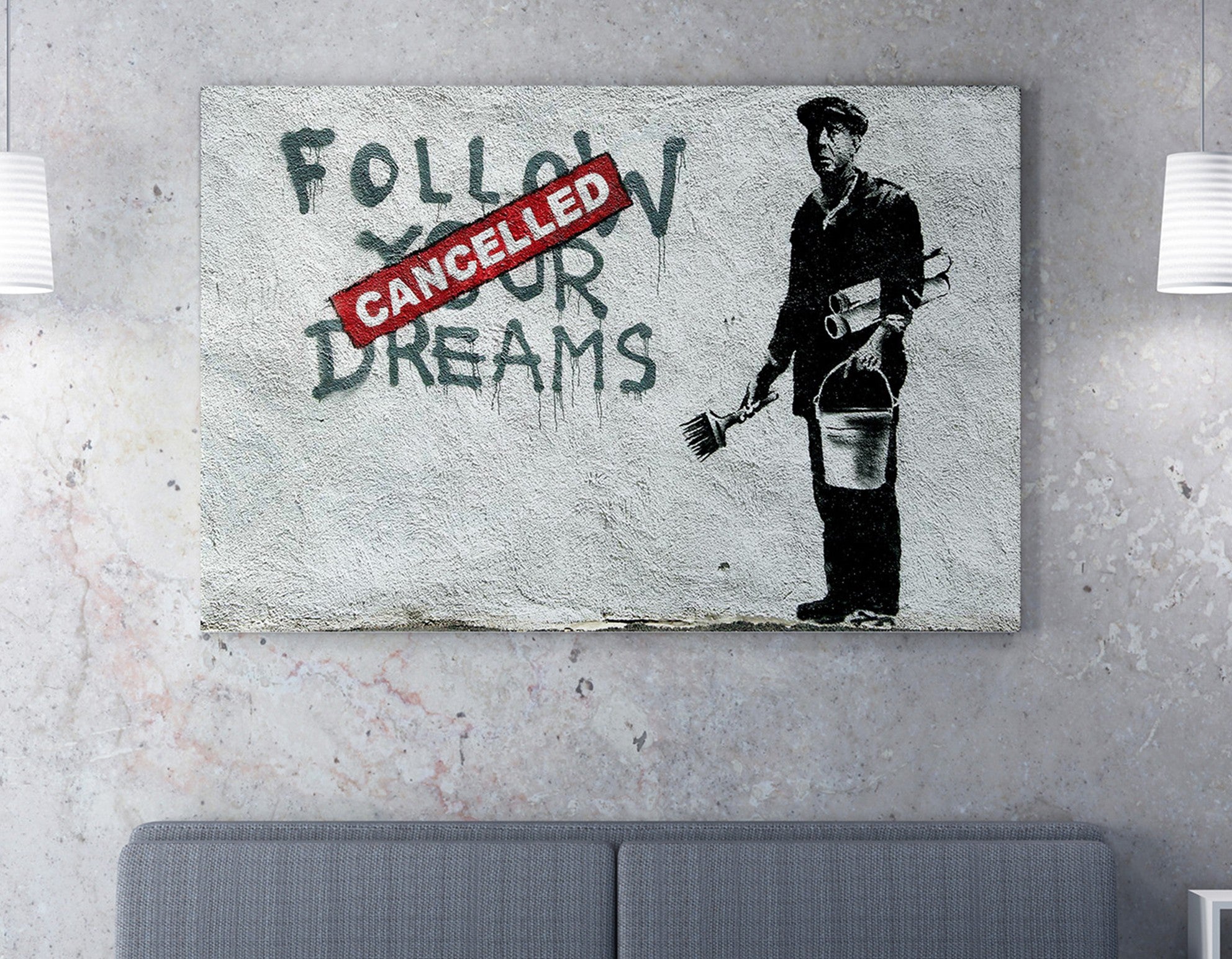 Impressionante tela decorativa de Banksy, 70 x 100 cm, 50% algodão/50% poliéster, emoldurada com moldura de madeira de 2 x 3 cm | Perfeito para decoração moderna