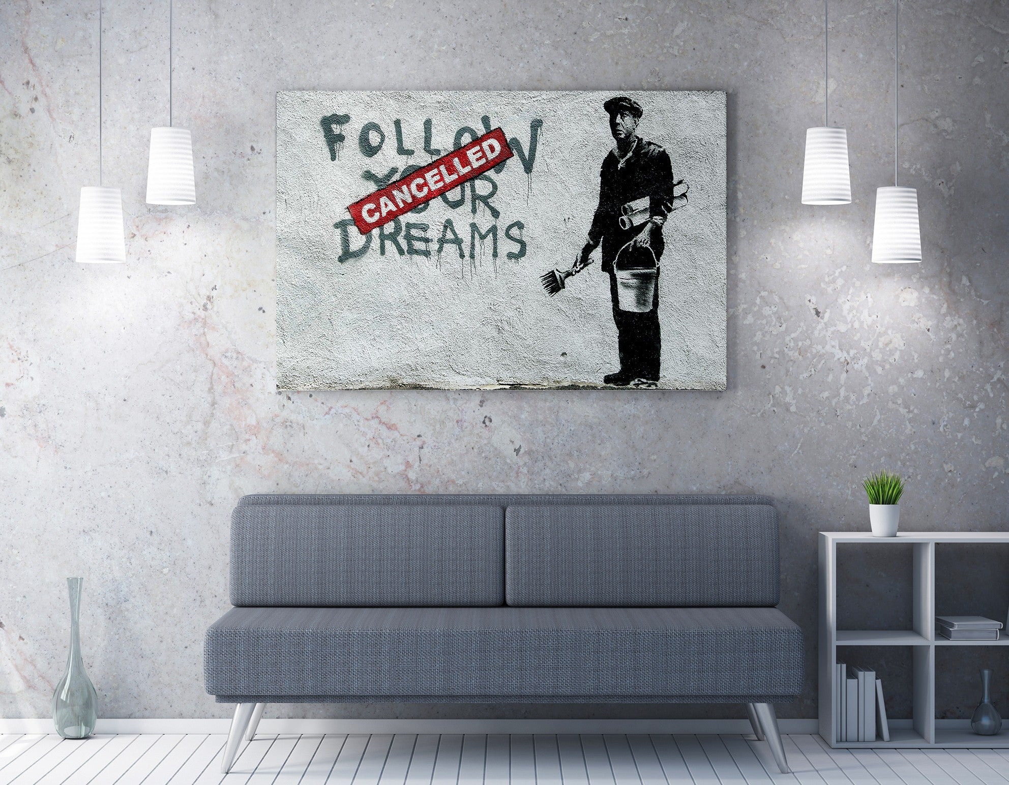 Impressionante tela decorativa de Banksy, 70 x 100 cm, 50% algodão/50% poliéster, emoldurada com moldura de madeira de 2 x 3 cm | Perfeito para decoração moderna