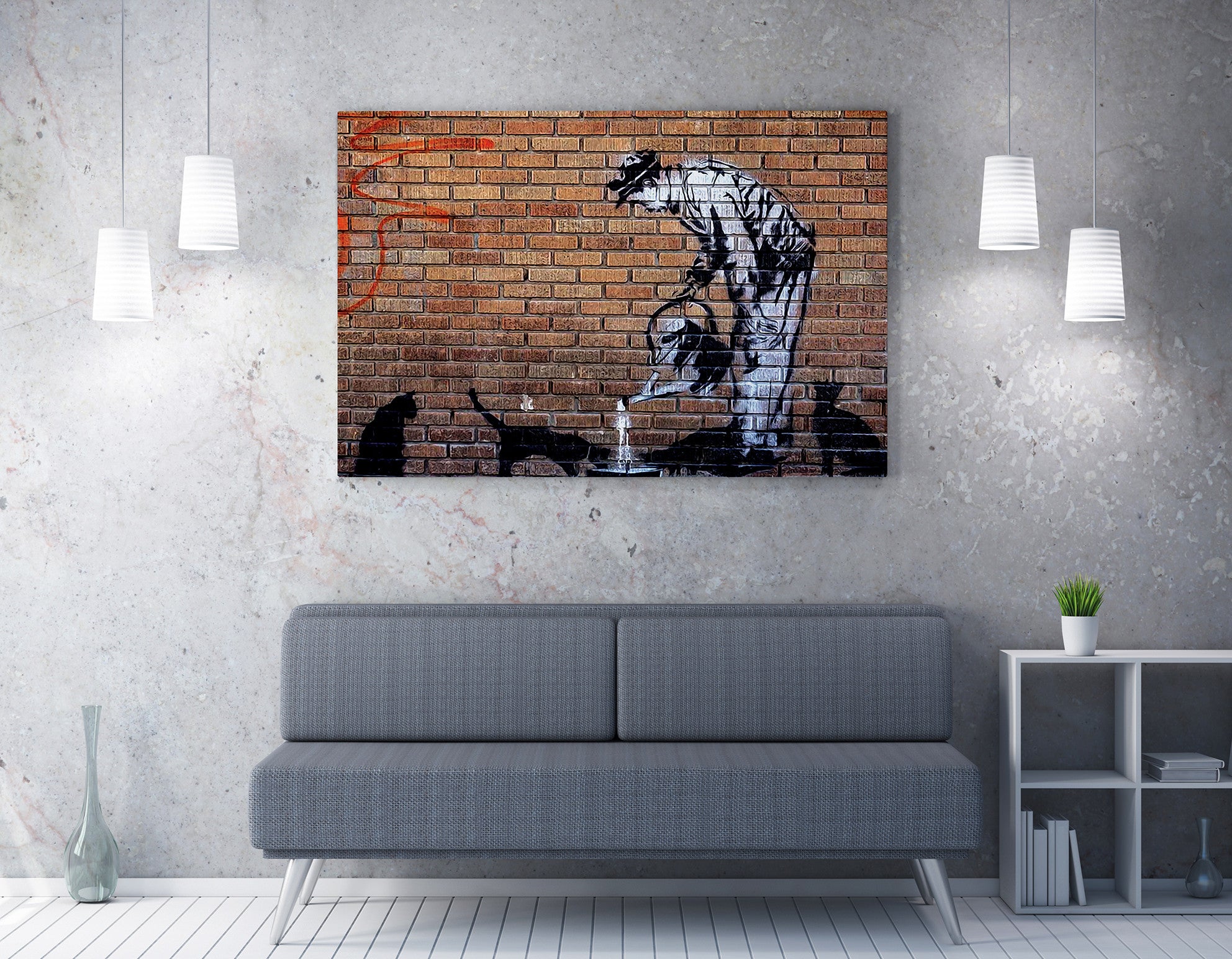 Impressionante tela decorativa de Banksy, 70 x 100 cm, 50% algodão/50% poliéster, emoldurada com moldura de madeira de 2 x 3 cm | Perfeito para decoração moderna