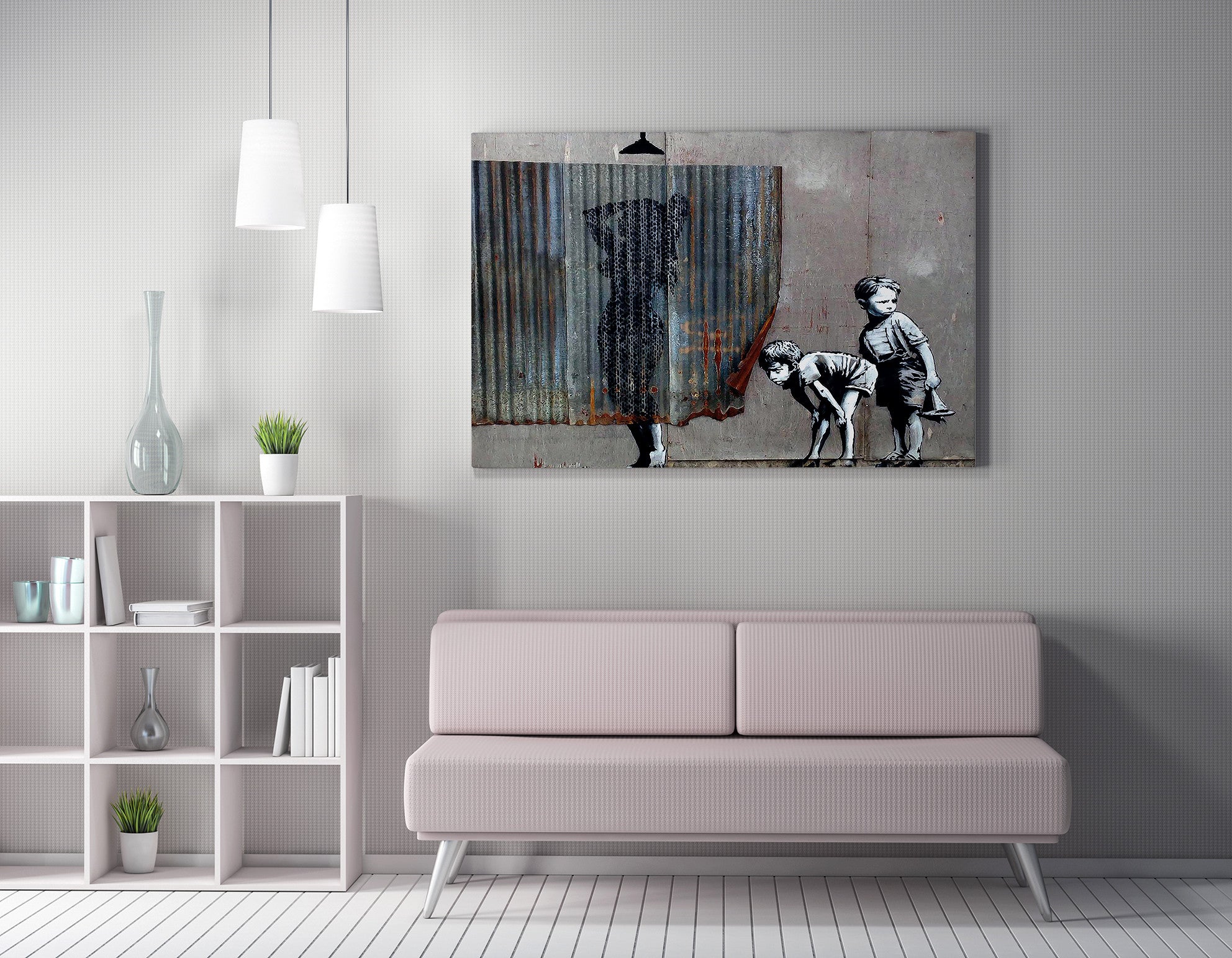 Impressionante tela decorativa de Banksy, 70 x 100 cm, 50% algodão/50% poliéster, emoldurada com moldura de madeira de 2 x 3 cm | Perfeito para decoração moderna