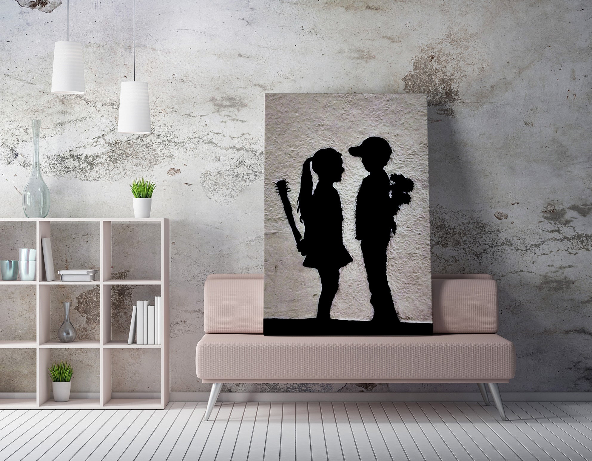 Impressionante tela decorativa de Banksy, 70 x 100 cm, 50% algodão/50% poliéster, emoldurada com moldura de madeira de 2 x 3 cm | Perfeito para decoração moderna