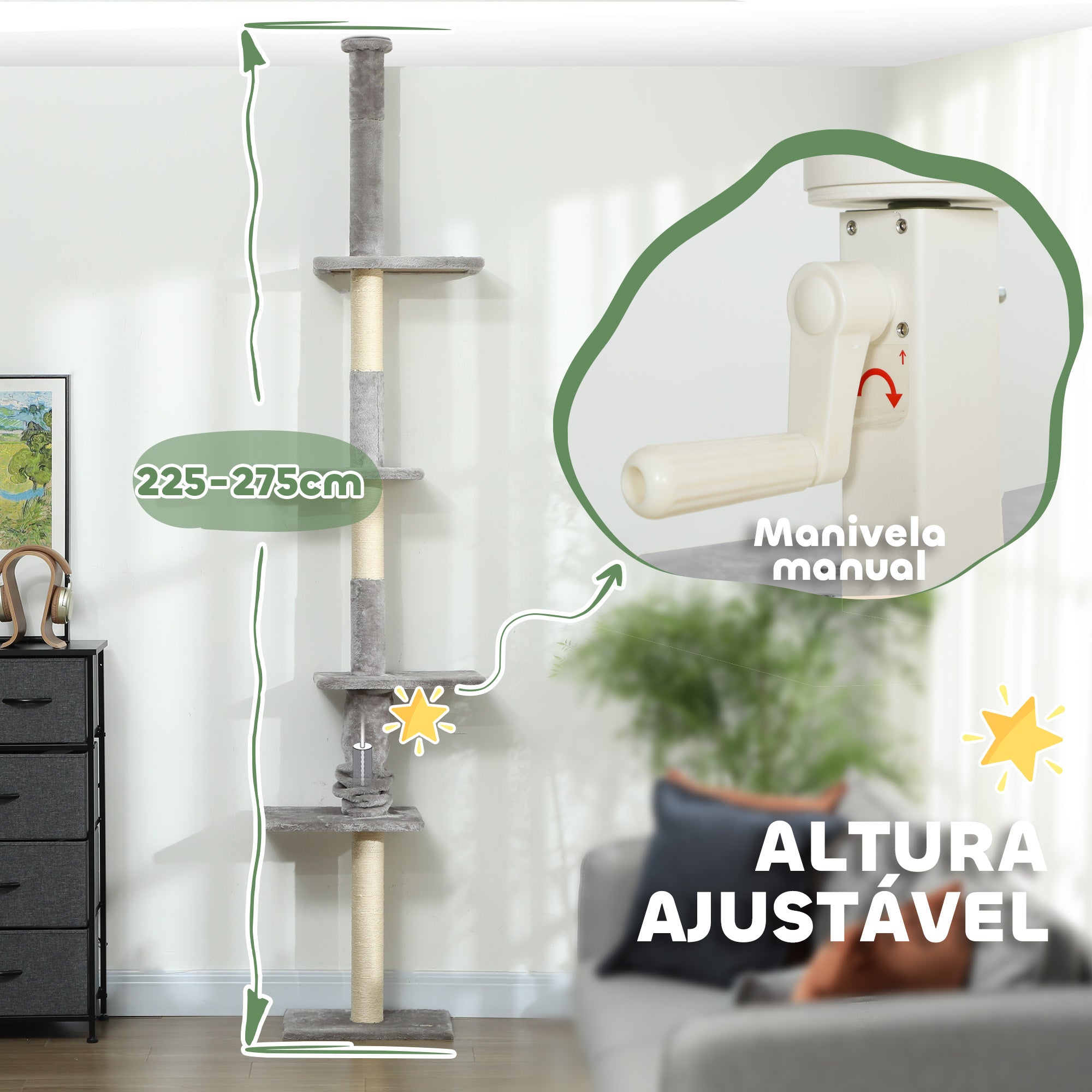Arranhador para Gatos Chão ao Teto 225-275 cm Cinza Claro