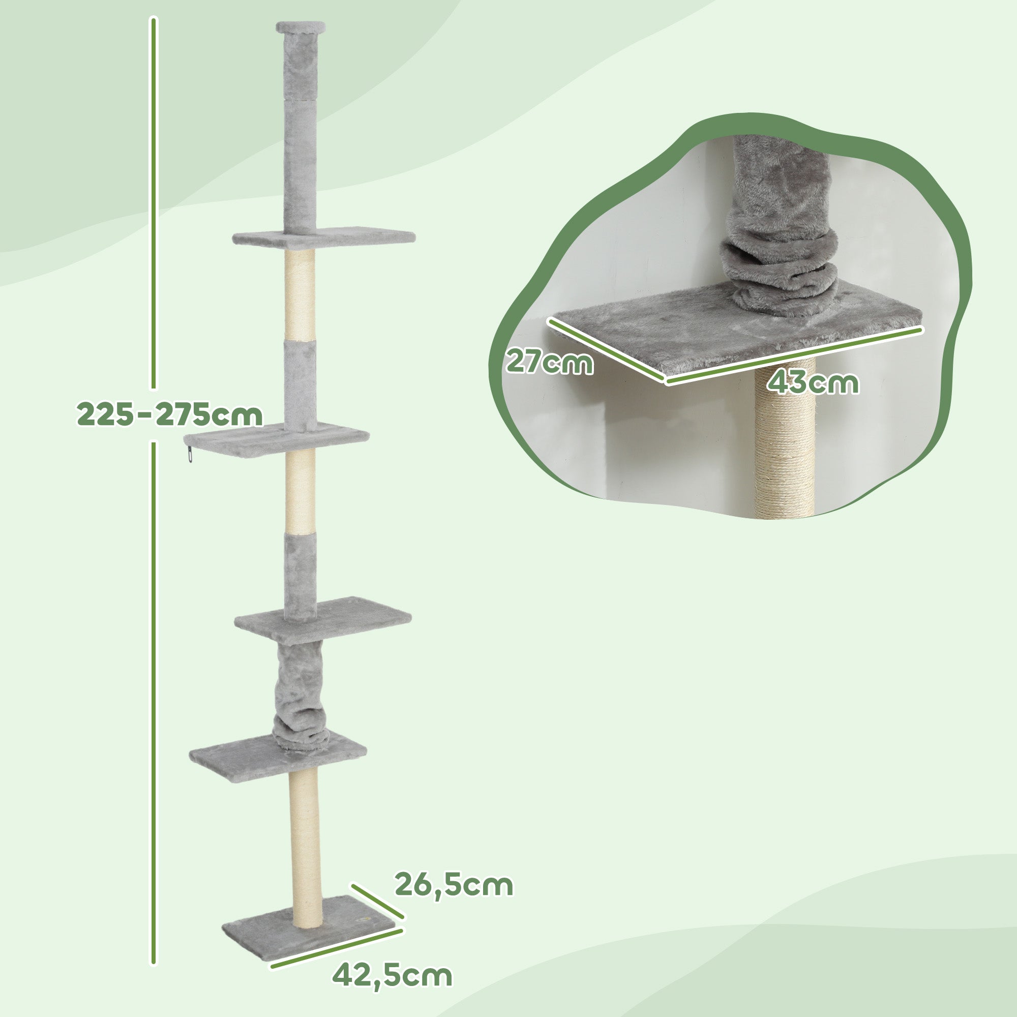 Arranhador para Gatos Chão ao Teto 225-275 cm Cinza Claro