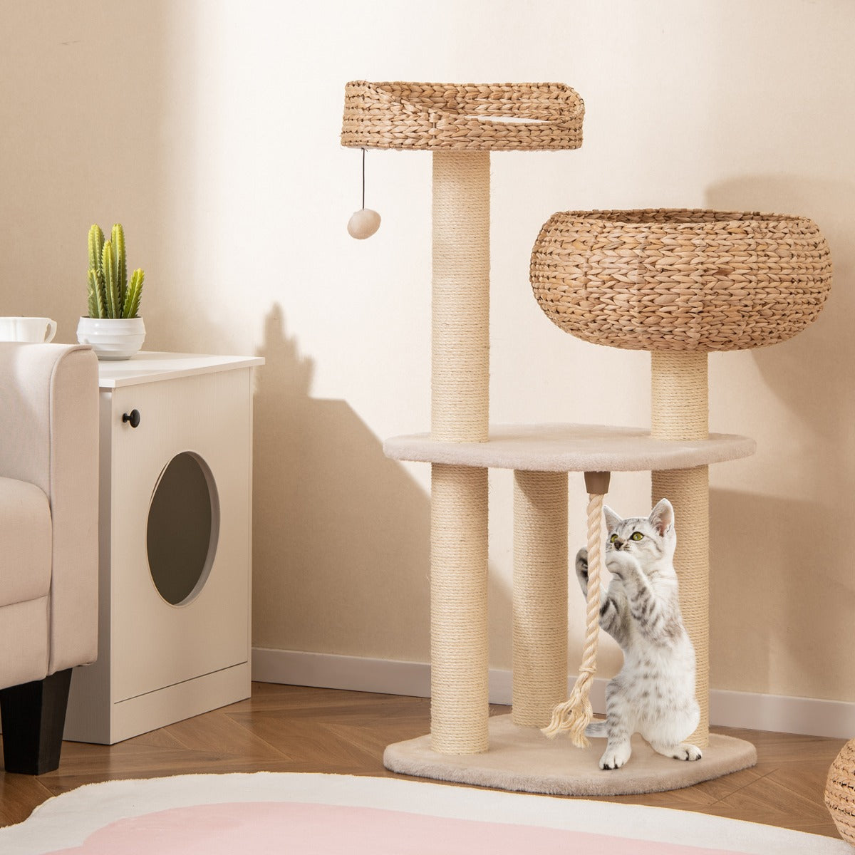Árvore para Gatos com Plataformas, Camas em Forma de Cesto, Bola de Brincar Pendurada e Corda Arranhadores 45 x 45 x 104 cm Branco