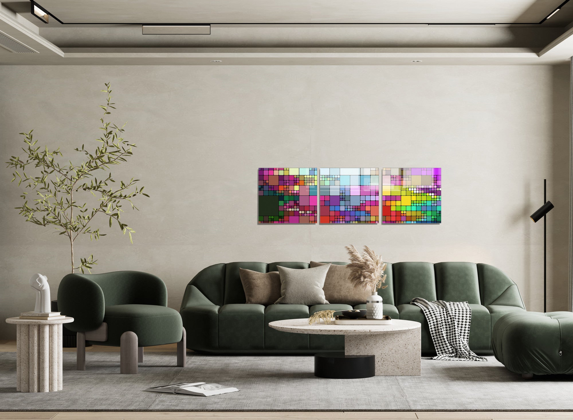 Conjunto de 3 Quadros Decorativos em Vidro Temperado Multicolor - 40x40cm - Arte Moderna para Decoração de Interiores