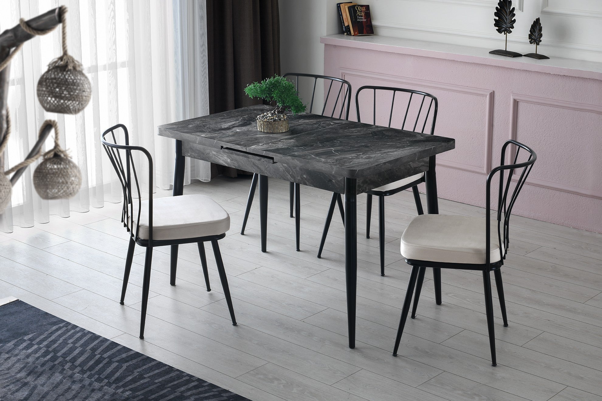 Mesa de Jantar Extensível, Antracite, 120-150 cm | Painel de Partículas 100% Revestido em Melamina, Pés de Metal | Estilo Boêmio, Perfeita para Espaços de Jantar Modernos