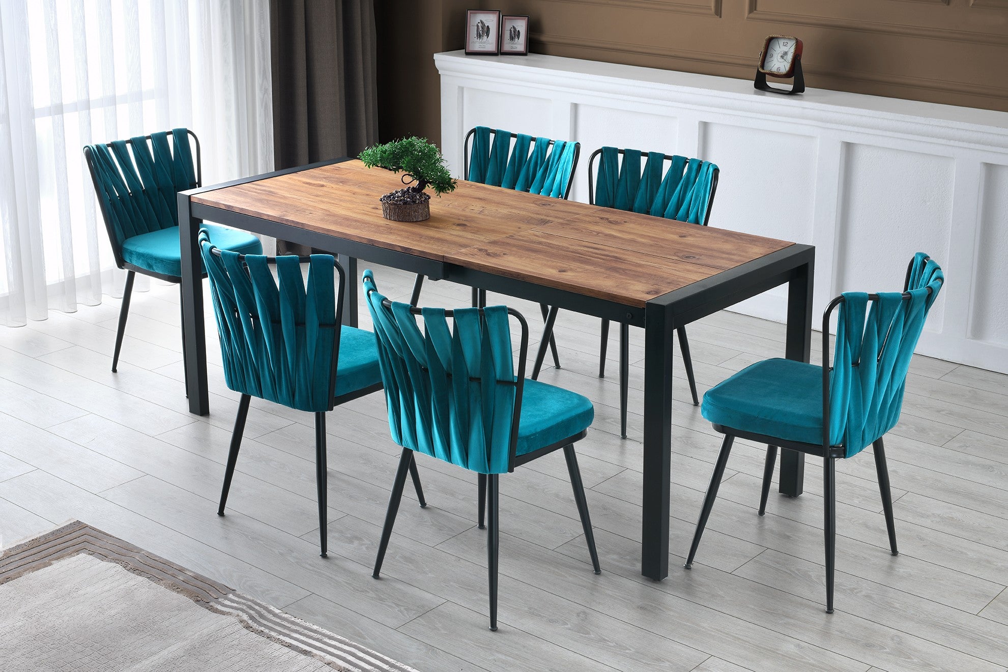 Mesa de Jantar Elegante com Pés de Metal, Pinho Atlântico, 120-187 cm | Painel de Partículas 100% Revestido com Melamina, Capacidade de 45 kg | Design Boêmio, Industrial e Rústico