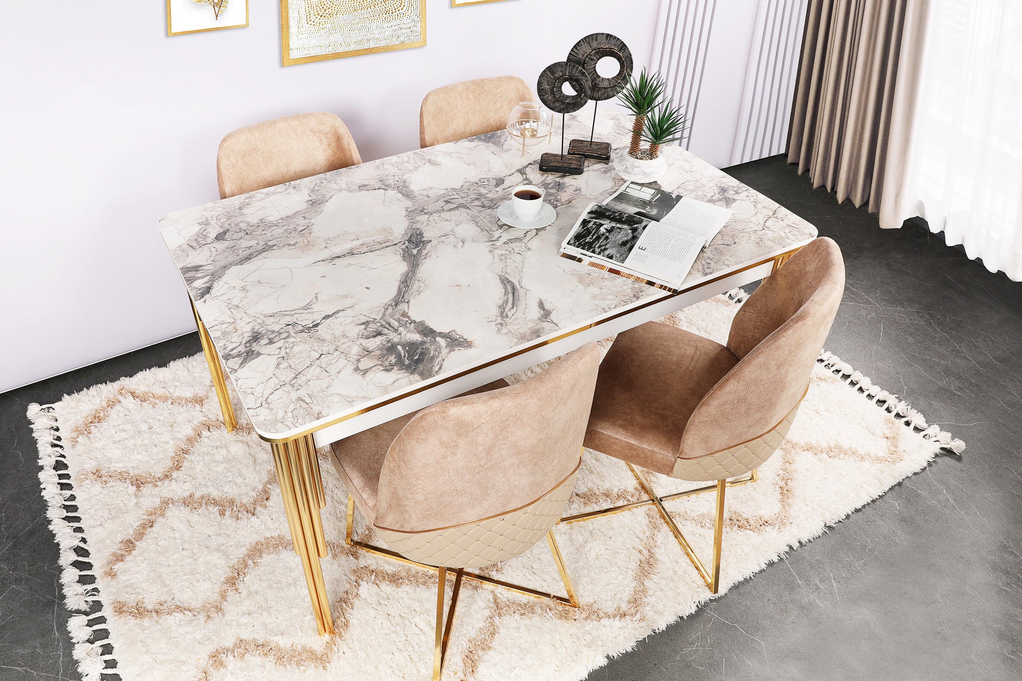 Mesa de Jantar Extensível, Dourado e Branco, 144 x 90 cm (Aberta: 177,5 cm) | Painel de Partículas 100% Revestido em Melamina, Pés de Metal | Elegante e Funcional para Jantar Moderno