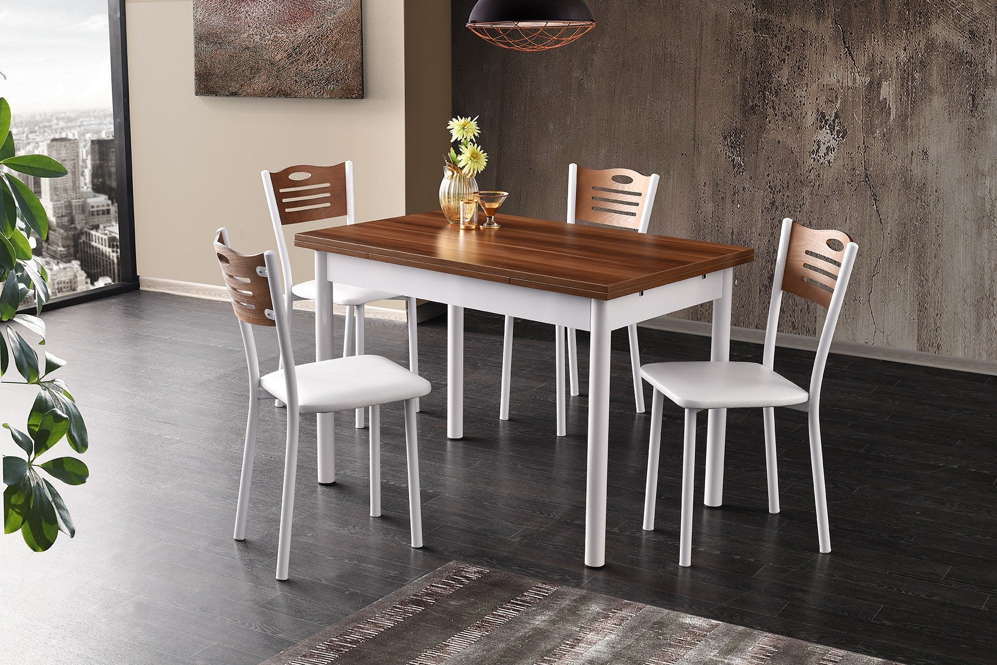 Mesa de Jantar Extensível, Nogueira e Branco, 110-170 cm | Painel de Partículas 100% Revestido em Melamina, Pés de Metal | Elegante e Funcional para Espaços de Jantar Modernos