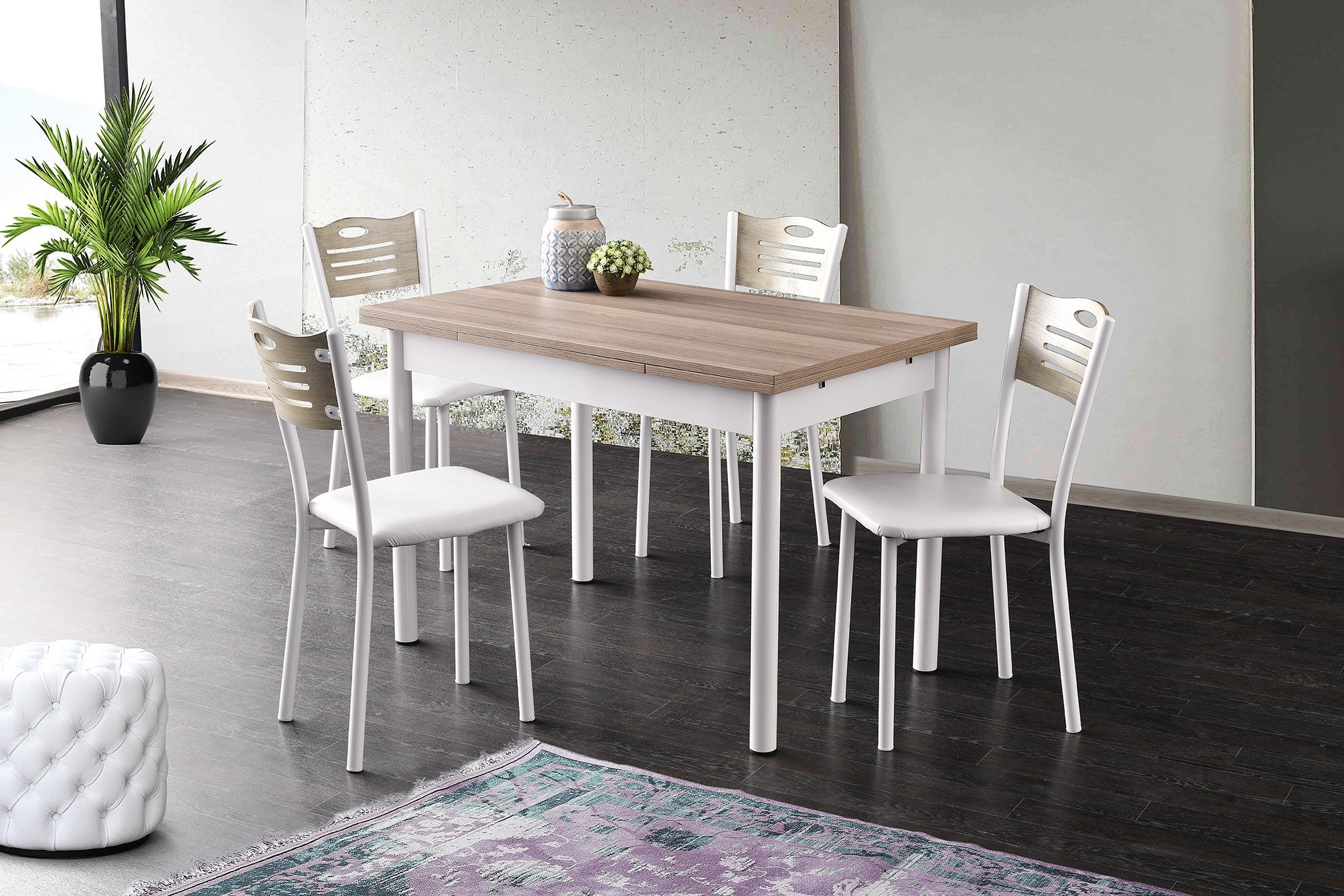 Mesa de Jantar Extensível, Carvalho e Branco, 110-170 cm | Painel de Partículas 100% Revestido em Melamina, Pés de Metal | Elegante e Funcional para Espaços de Jantar Modernos