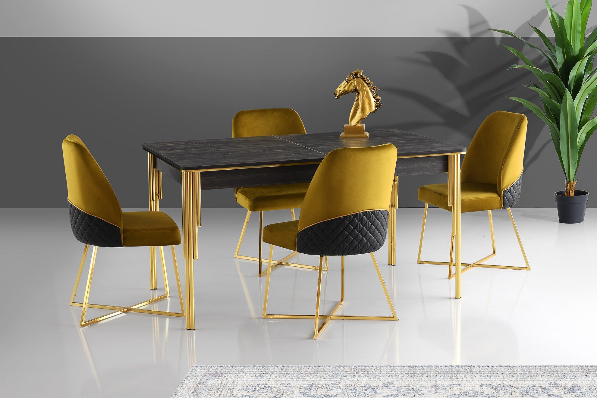 Mesa de Jantar Extensível Elegante, Preta e Dourada, 144-177,5 cm | Painel de Partículas 100% Revestido em Melamina, Pés de Metal | Elegante e Funcional para Espaços de Jantar Modernos