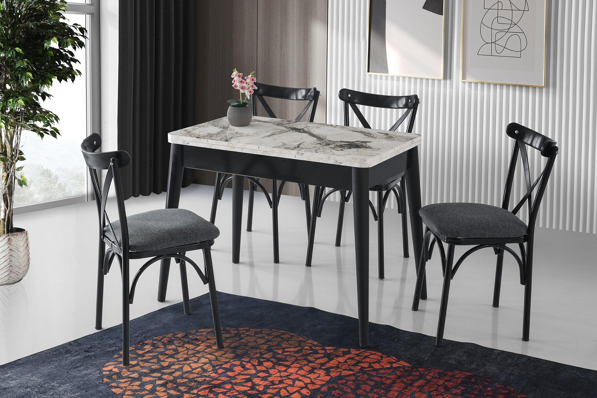Mesa de Jantar Extensível, Branca e Mármore, 100-120 cm | Painel de Partículas 100% Revestido em Melamina, Pés de Plástico | Elegante e Funcional para Espaços de Jantar Modernos