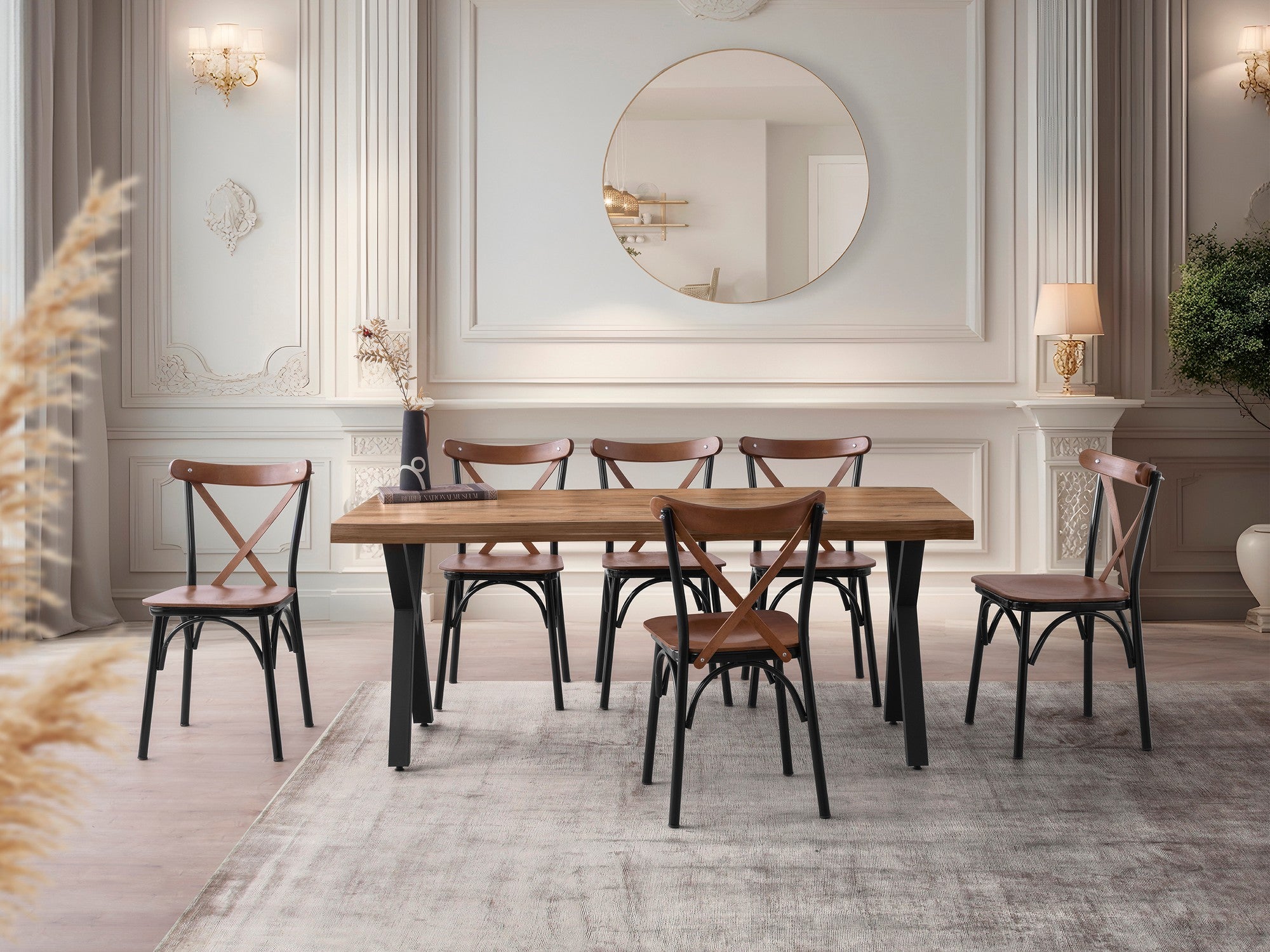 Mesa de Jantar Elegante em Nogueira, 180 x 80 x 79 cm | Painel de Partículas 100% Revestido em Melamina e Pés de Ferro | Design Resistente, Capacidade de 100 kg, Perfeita para Salas de Jantar Modernas