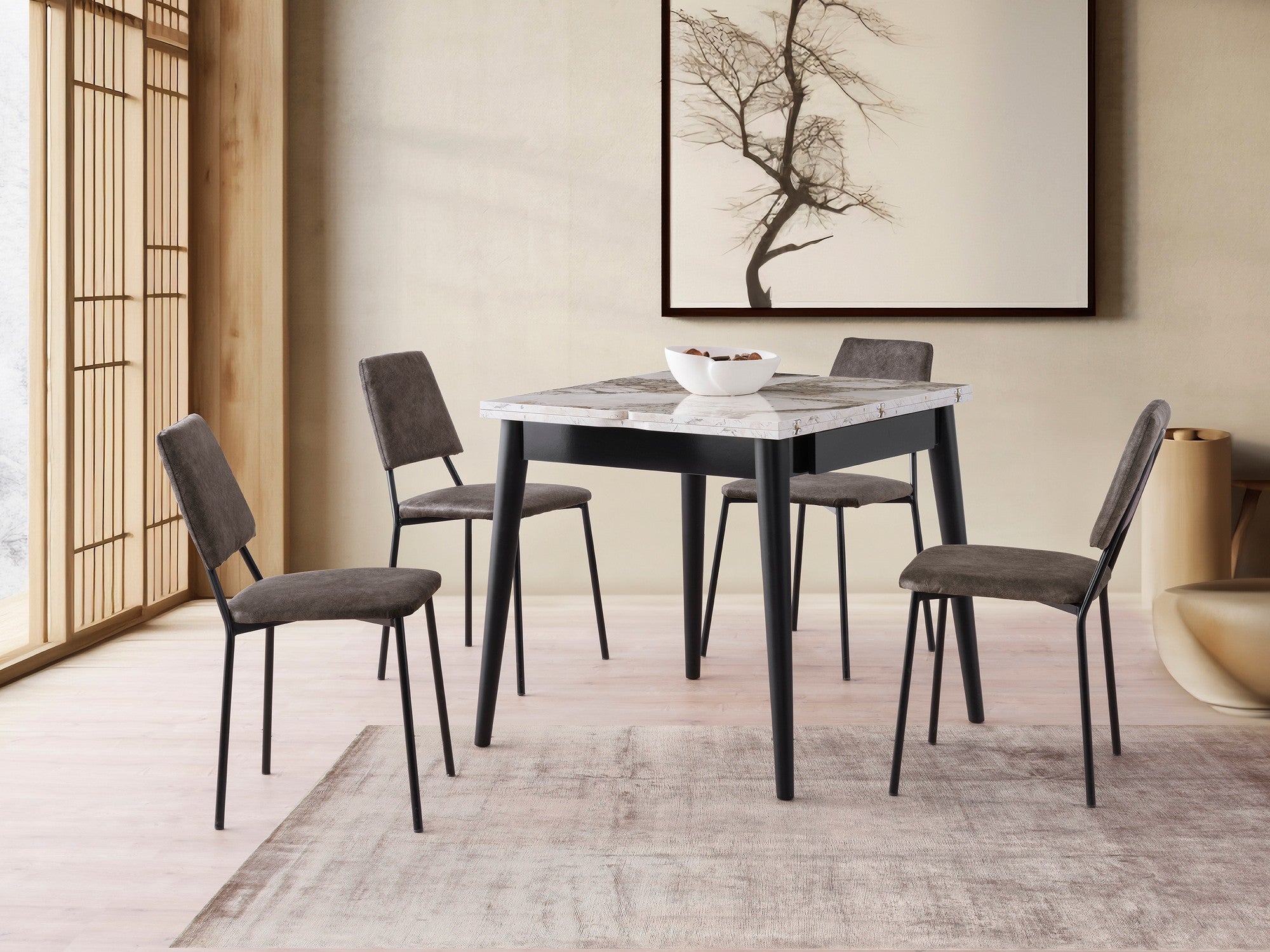 Mesa de Jantar Extensível, Branca e Mármore, 80 x 75 x 80 cm (Aberta: 160 cm) | 100% Melamina, Pernas de Plástico | Elegante e Funcional para Jantar Moderno