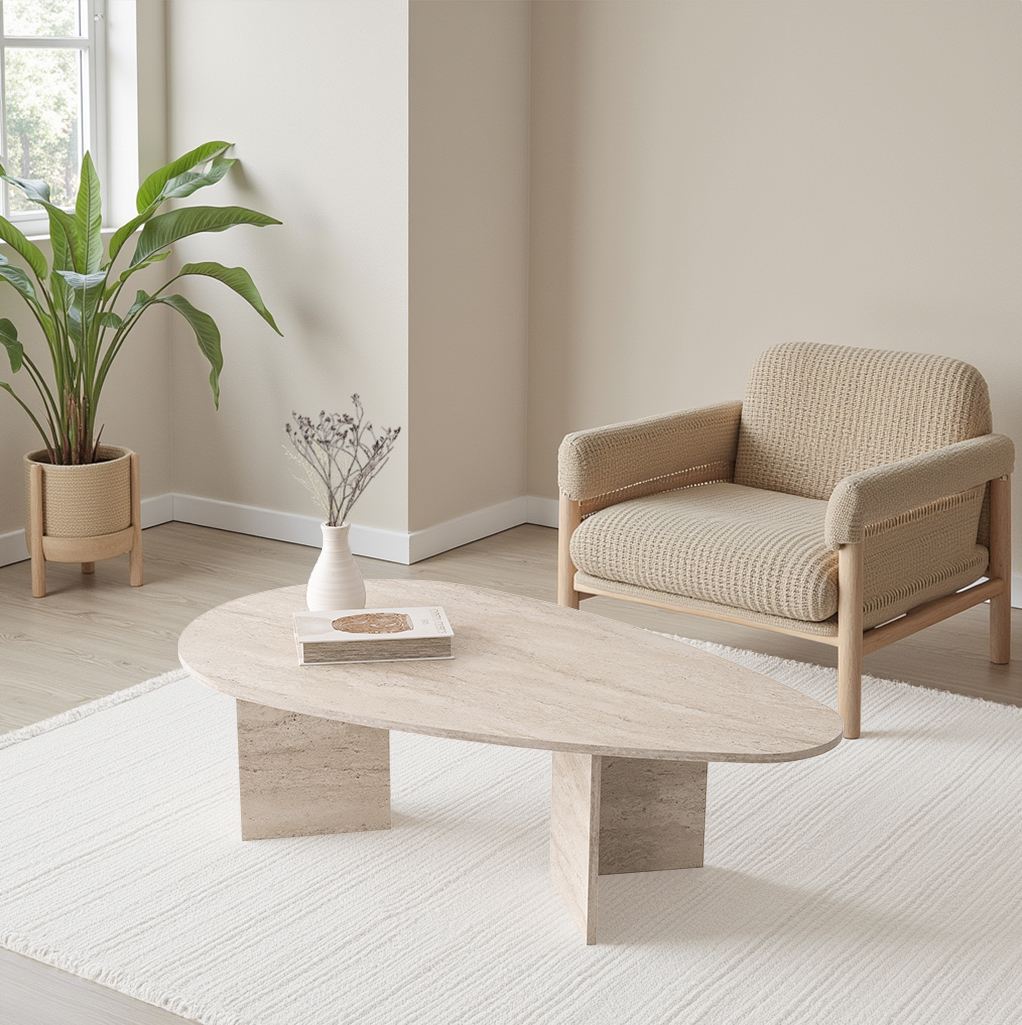 Mesa de Centro Elegante, Cor Travertino, 139,5 x 42 x 79,5 cm | Painel de Partículas 100% Revestido em Melamina, 18 mm de Espessura | Design Durável para Espaços Modernos