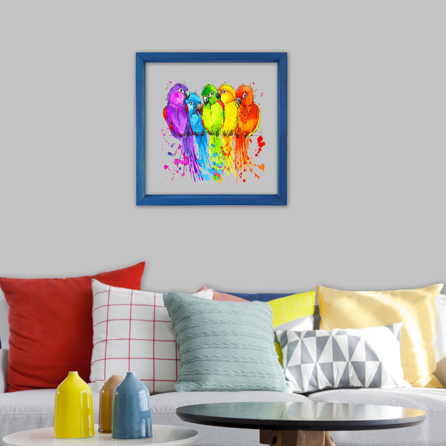 Quadro Decorativo Multicolor com Moldura de Madeira - Impressão Digital UV em Vidro 32x32cm