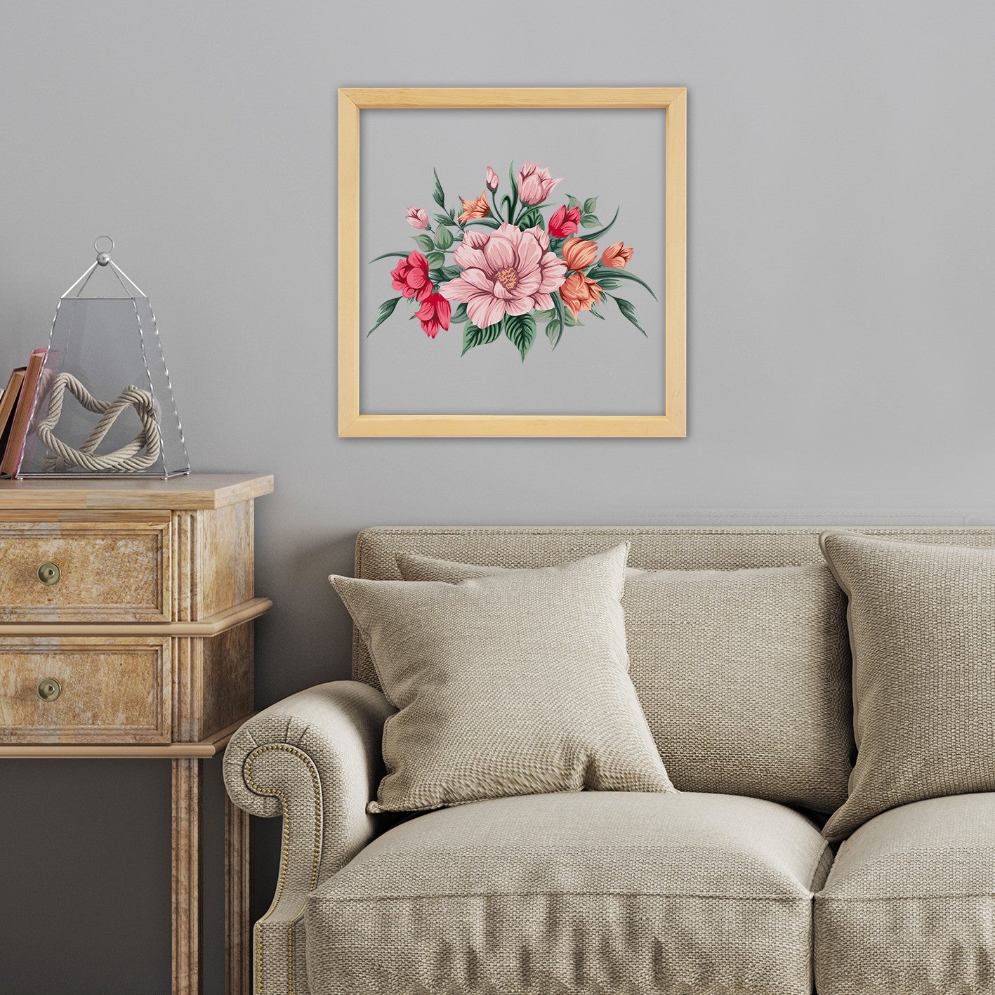 Arte Decorativa Emoldurada Multicolor 32x32cm - Impressão Digital UV em Vidro com Moldura de Madeira