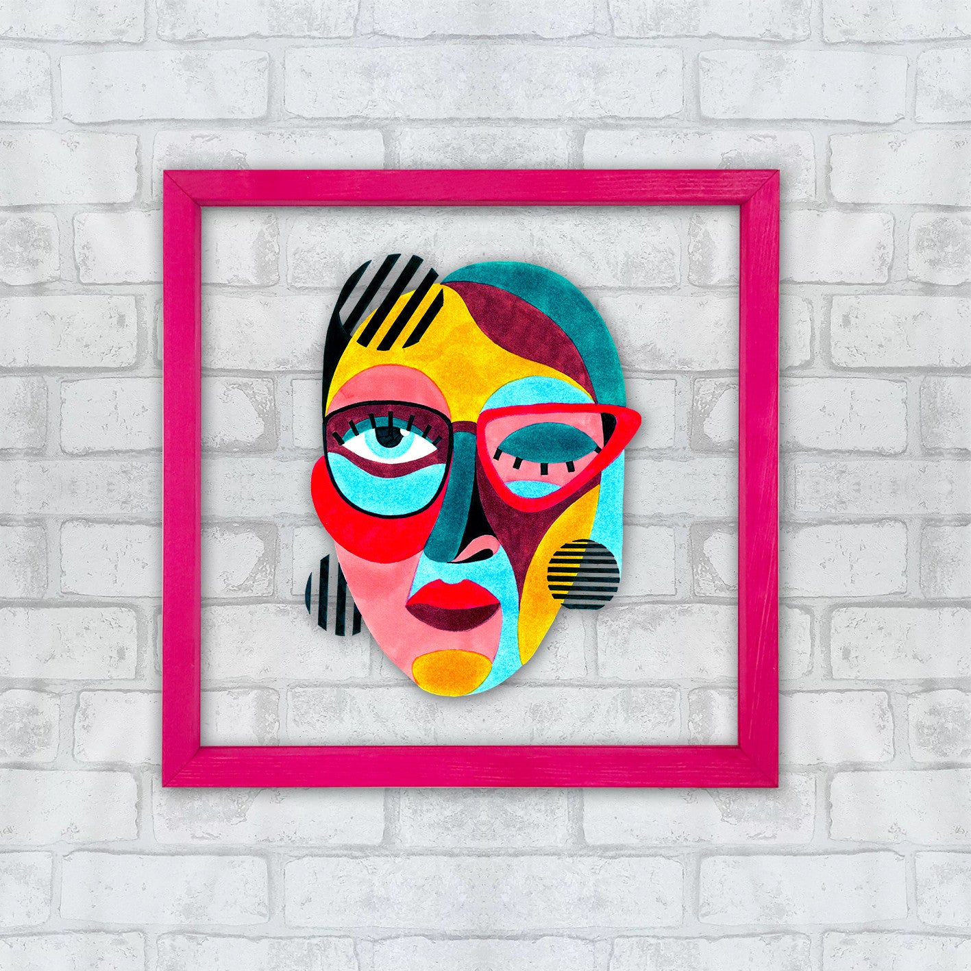 Quadro Decorativo Multicolor 32x32cm com Moldura de Madeira e Vidro UV - CAM87979