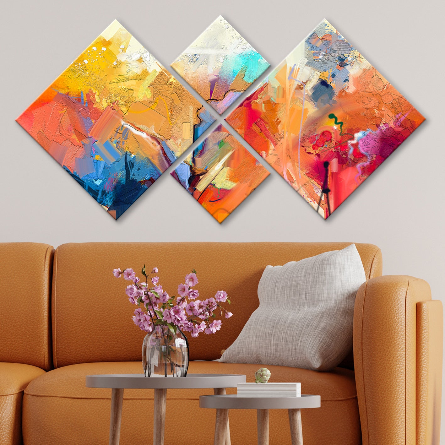 Pinturas Decorativas Elegantes em MDF (4 Peças) | 100% MDF, Impressão UV | 40x40 cm (2) e 20x20 cm (2) | Tamanho Total: 60x115 cm | Fácil de Pendurar na Parede com Fita