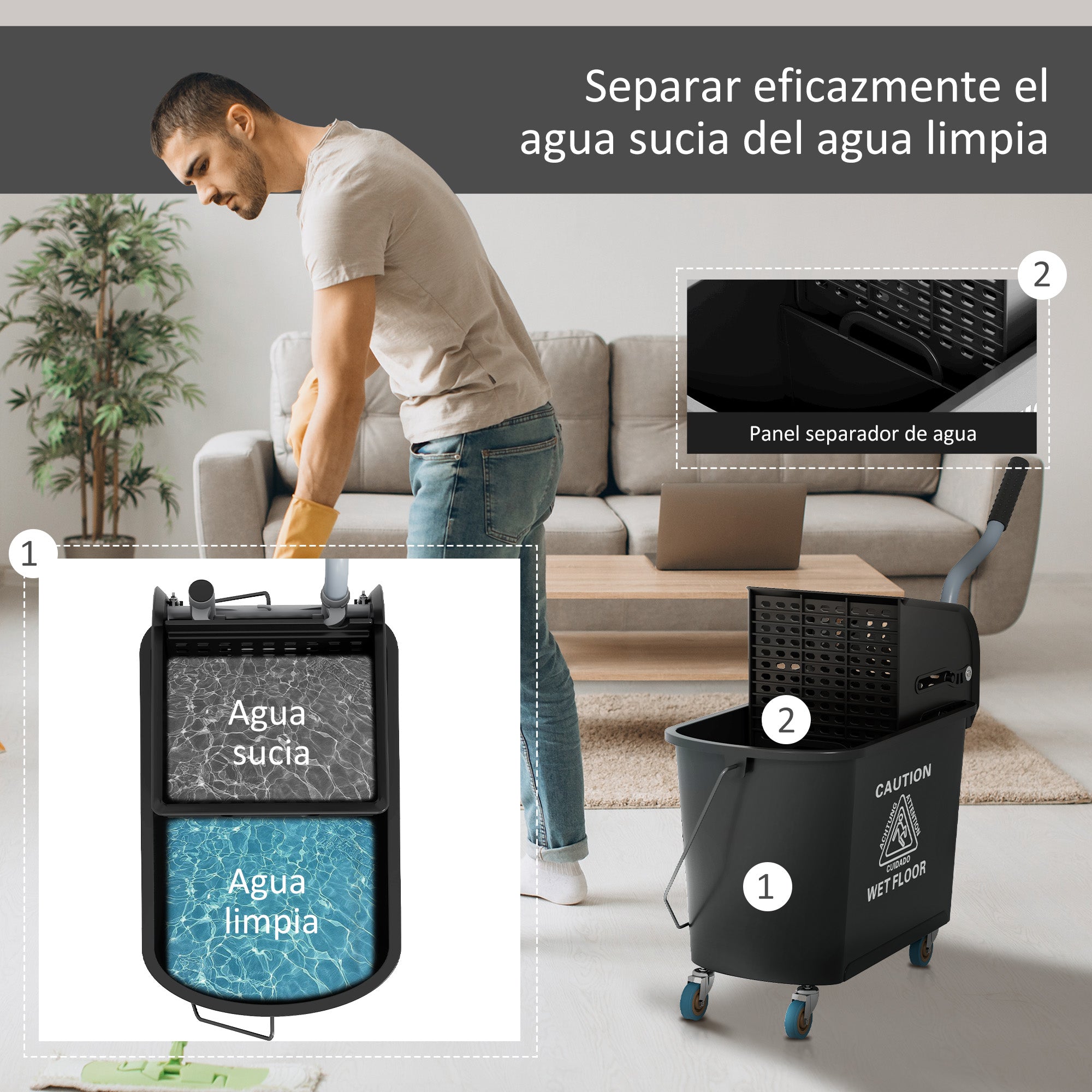 Balde de Limpeza com Rodas e Espremedor – 60x27x70,5 cm – Preto – Plástico e Metal