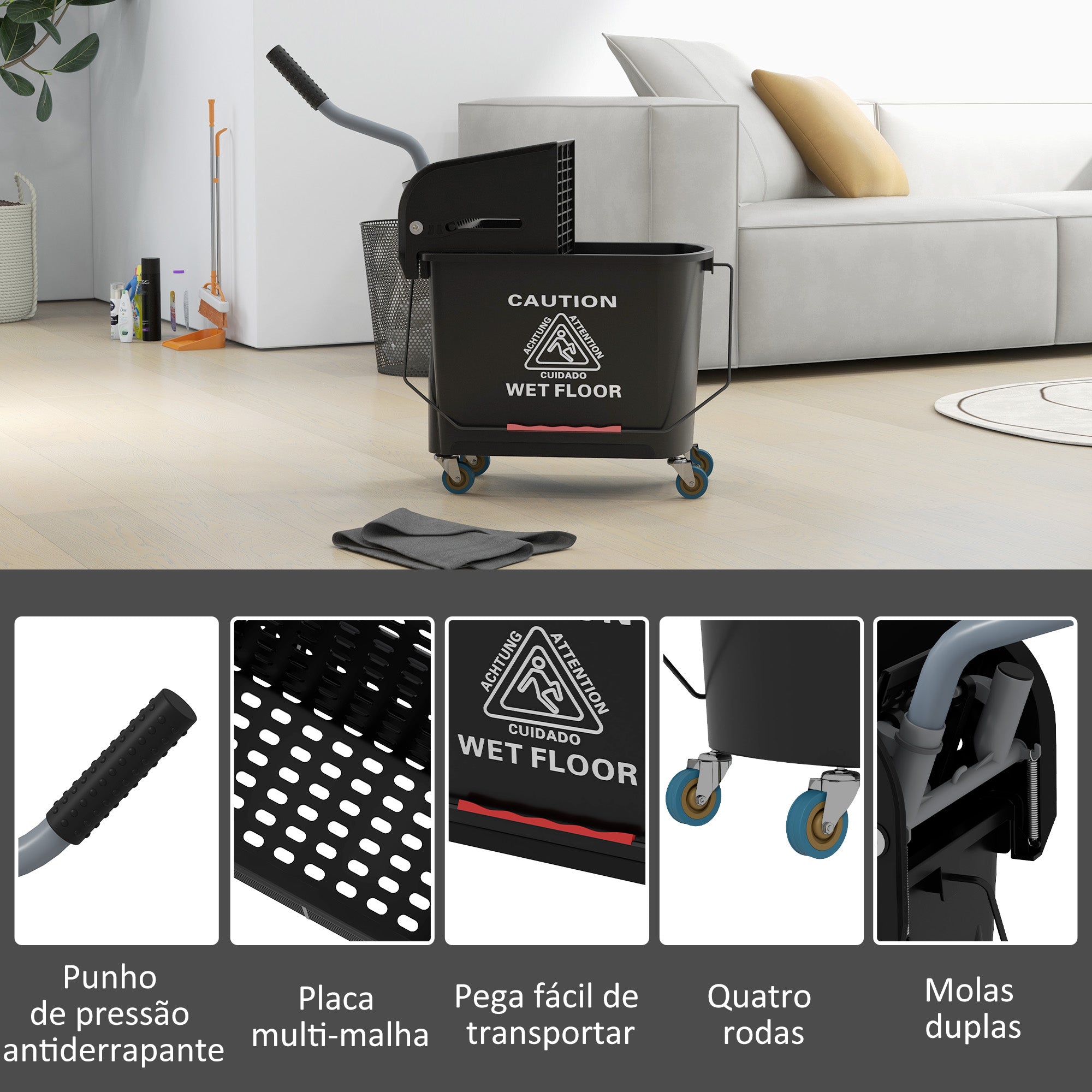 Balde de Limpeza com Rodas e Espremedor – 60x27x70,5 cm – Preto – Plástico e Metal