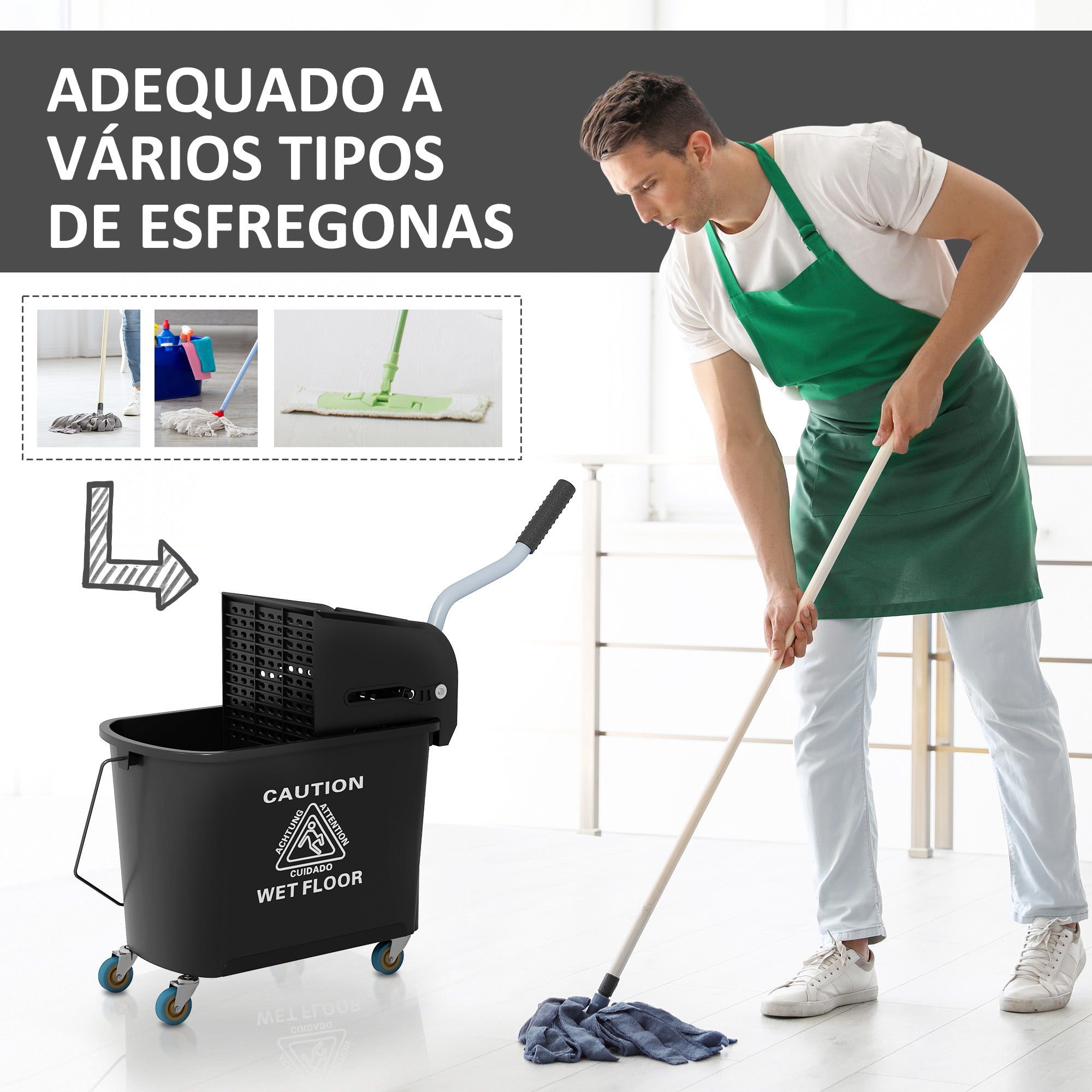 Balde de Limpeza com Rodas e Espremedor – 60x27x70,5 cm – Preto – Plástico e Metal