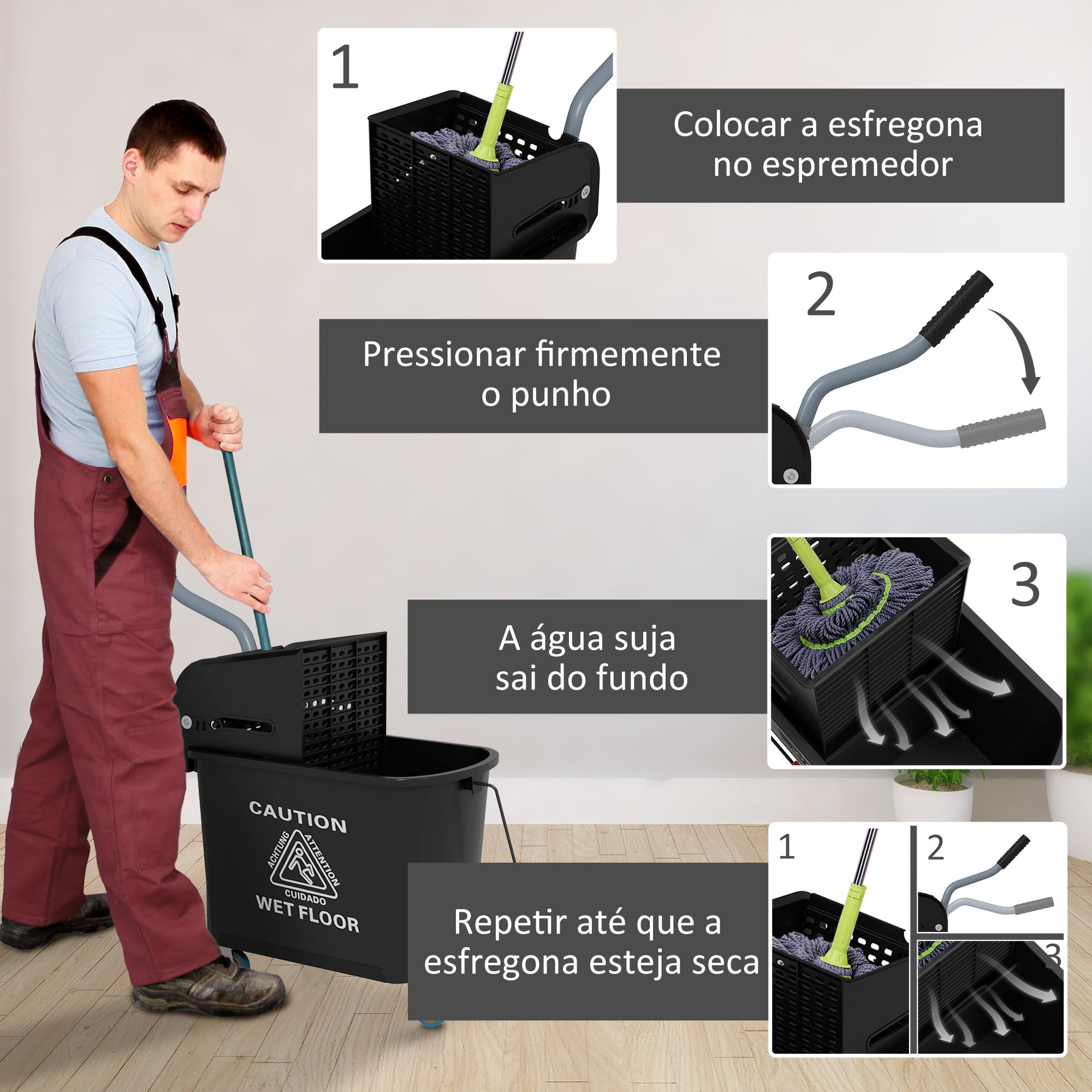 Balde de Limpeza com Rodas e Espremedor – 60x27x70,5 cm – Preto – Plástico e Metal