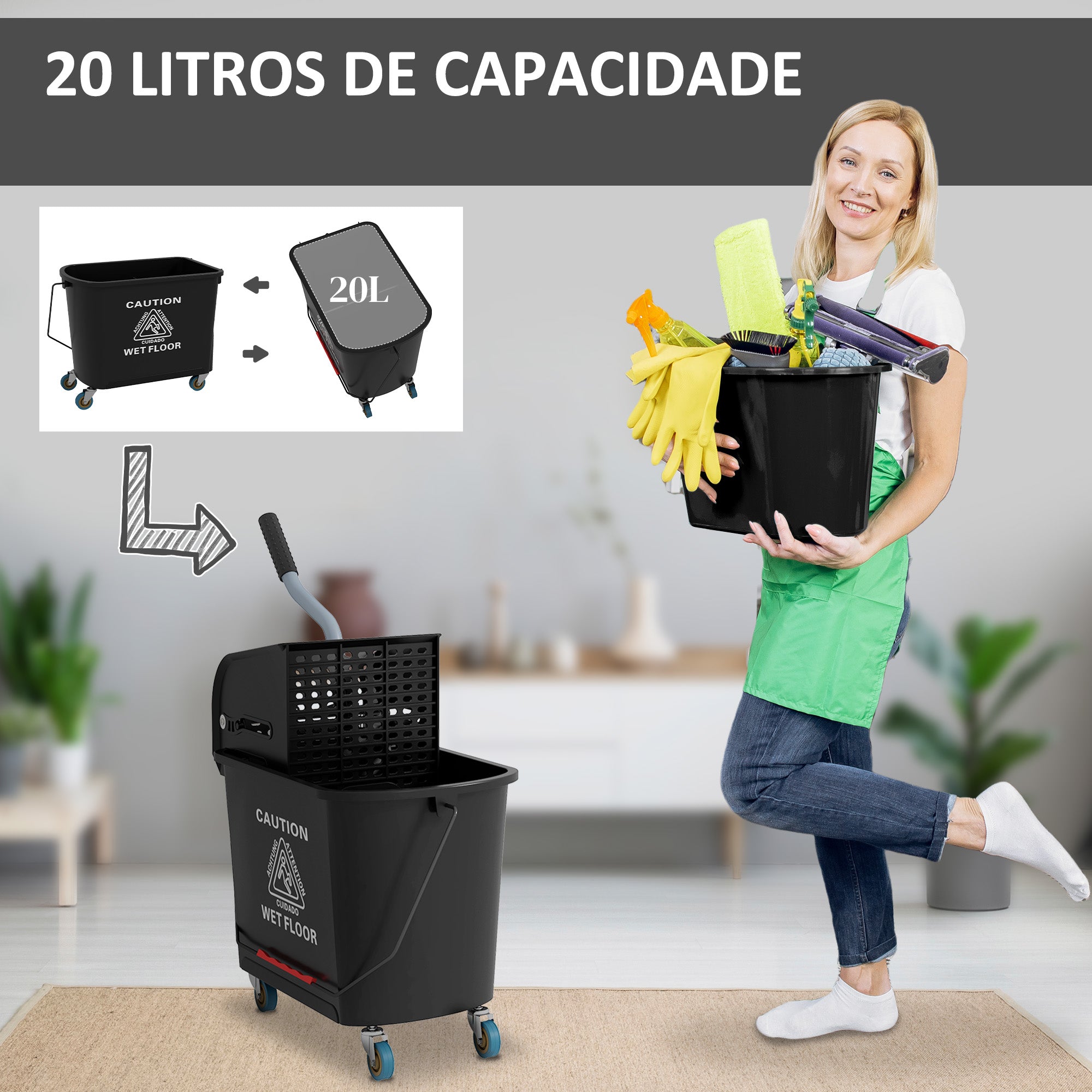 Balde de Limpeza com Rodas e Espremedor – 60x27x70,5 cm – Preto – Plástico e Metal