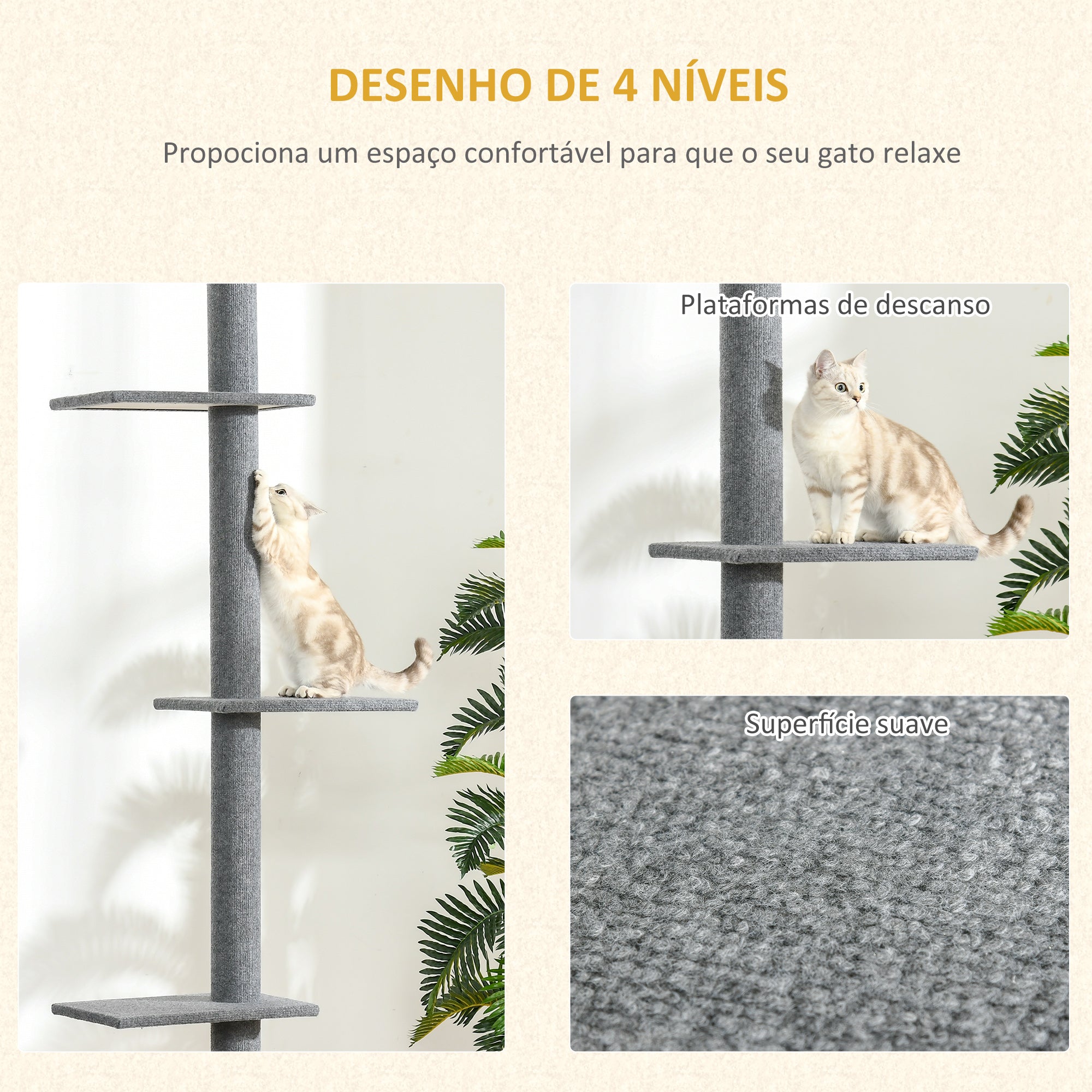 Arranhador para Gatos Chão ao Teto 43x27x228-260 cm Cinzento