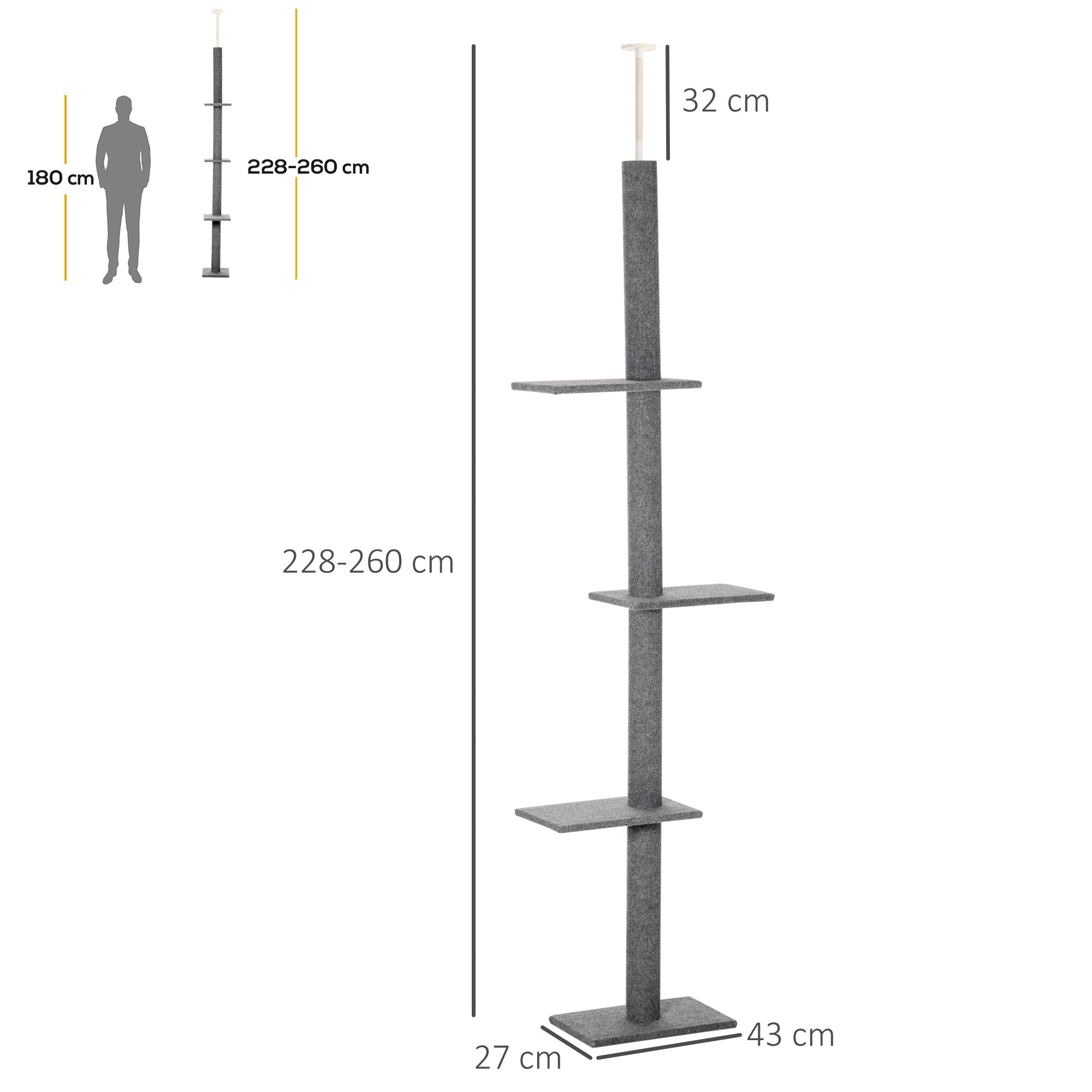 Arranhador para Gatos Chão ao Teto 43x27x228-260 cm Cinzento