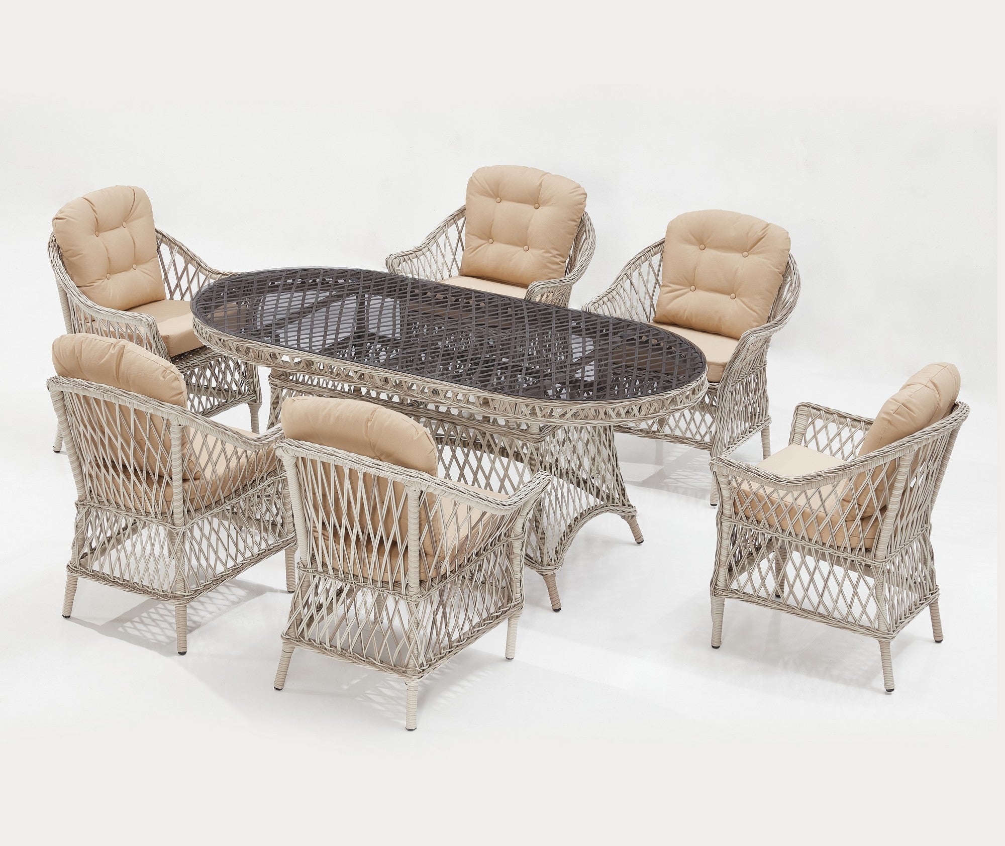 Conjunto de Jardim Luxuoso em Rattan Sintético Creme - Mesa 180cm + 6 Cadeiras com Revestimento Resistente à Água