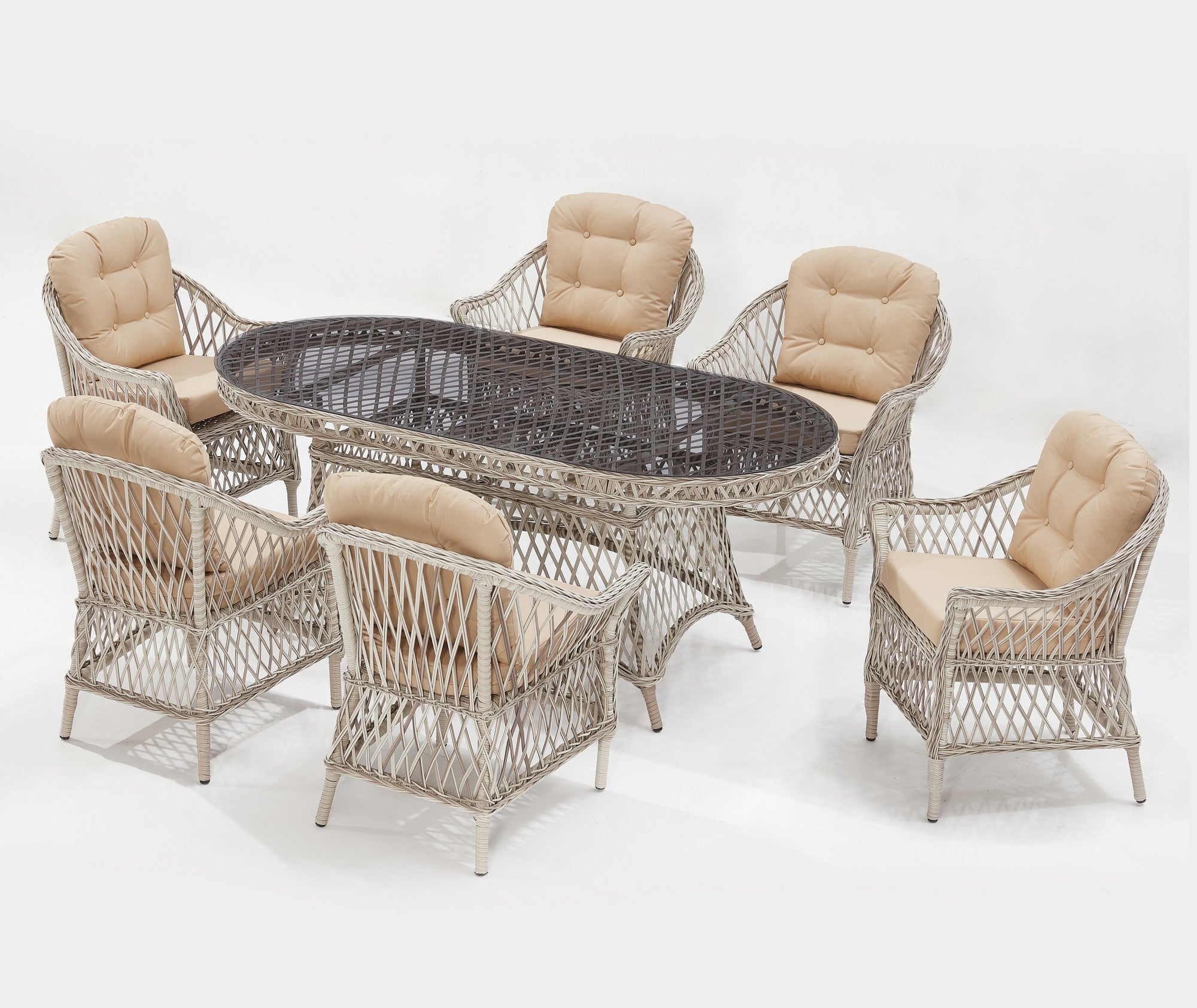 Conjunto de Jardim Luxuoso em Rattan Sintético Creme - Mesa 180cm + 6 Cadeiras com Revestimento Resistente à Água