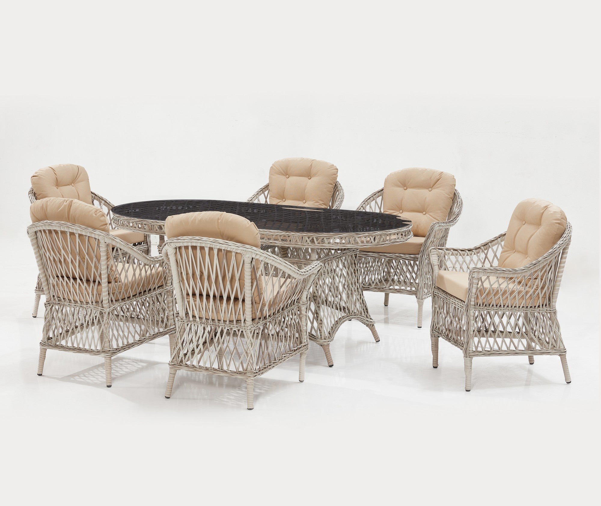 Conjunto de Jardim Luxuoso em Rattan Sintético Creme - Mesa 180cm + 6 Cadeiras com Revestimento Resistente à Água