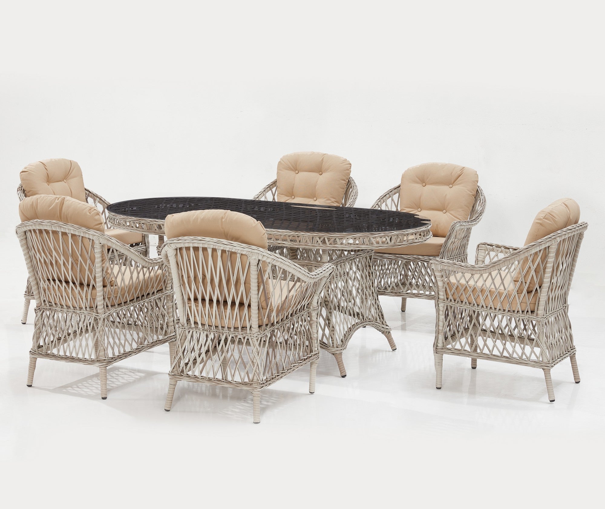 Conjunto de Jardim Luxuoso em Rattan Sintético Creme - Mesa 180cm + 6 Cadeiras com Revestimento Resistente à Água