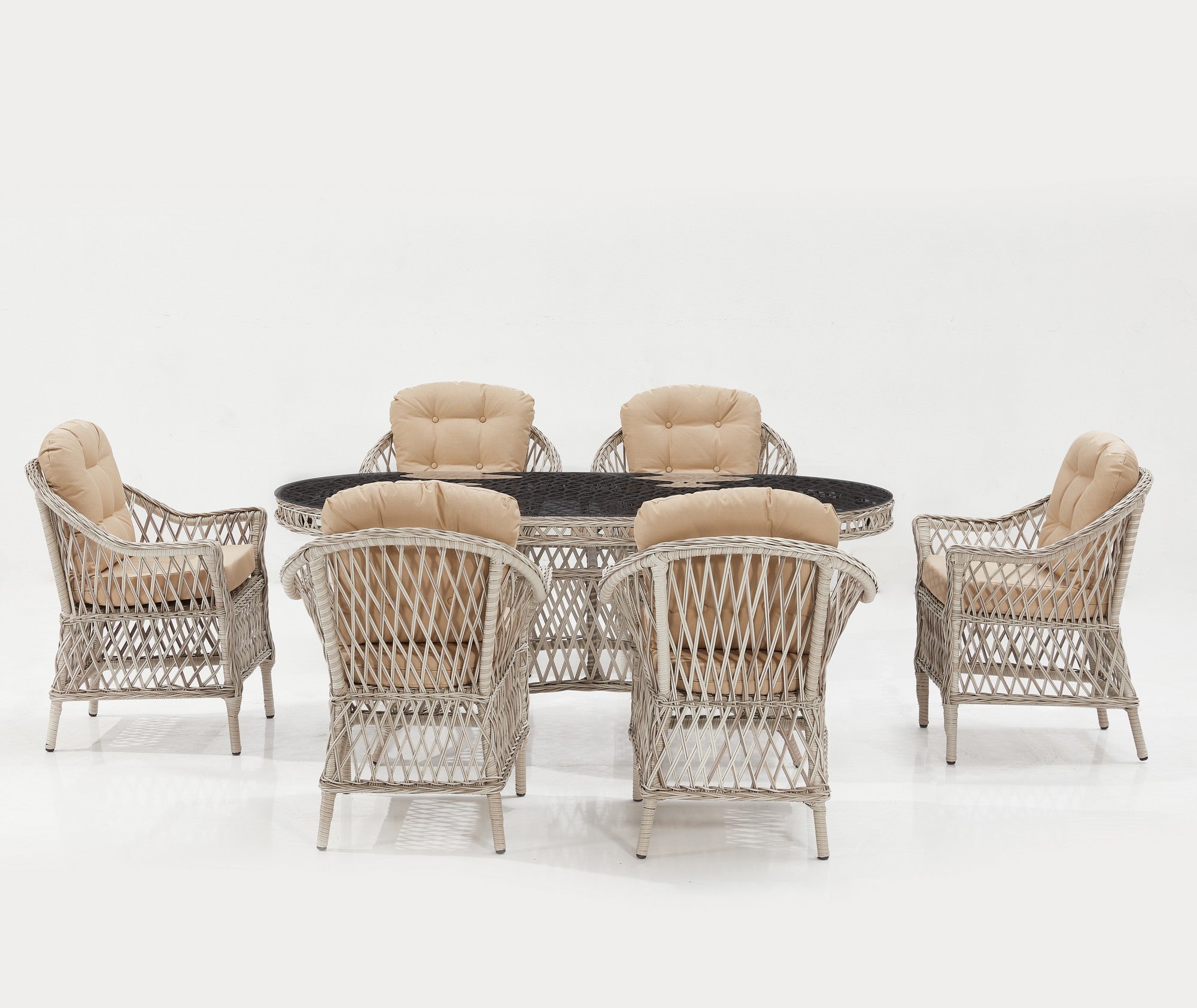 Conjunto de Jardim Luxuoso em Rattan Sintético Creme - Mesa 180cm + 6 Cadeiras com Revestimento Resistente à Água