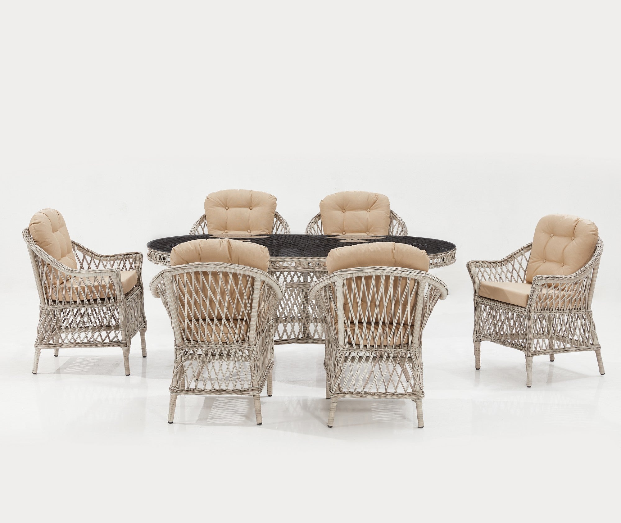 Conjunto de Jardim Luxuoso em Rattan Sintético Creme - Mesa 180cm + 6 Cadeiras com Revestimento Resistente à Água