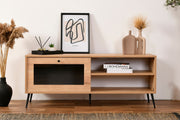 Móvel de TV elegante com pernas de metal, carvalho e preto, 138 x 55 x 41 cm | Painel de partículas 100% revestido de melamina | Design moderno para salas de estar e espaços de entretenimento