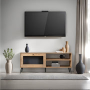 Móvel de TV elegante, carvalho e preto, 138 x 55 x 30 cm | Painel de partículas 100% revestido de melamina, portas de MDF e arame metálico, pernas de metal resistentes | Design moderno para sala de estar
