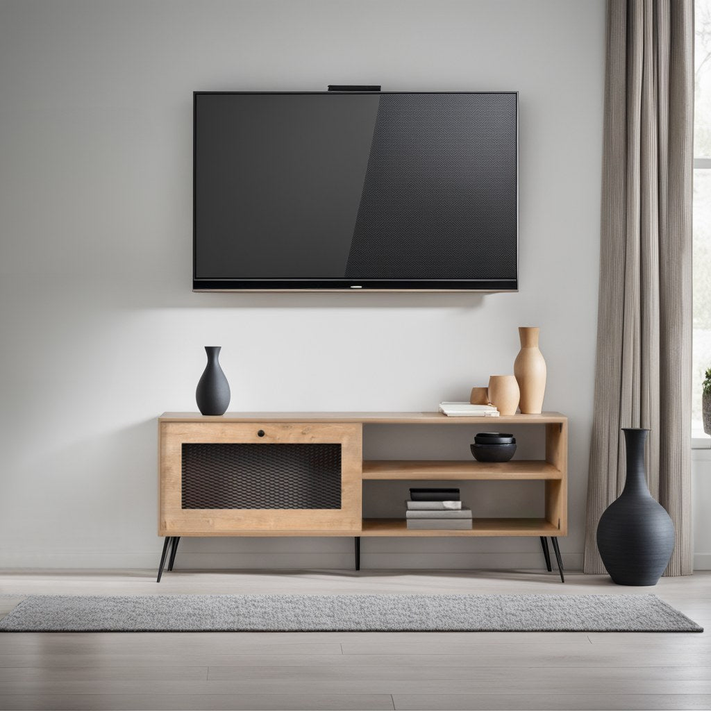 Móvel de TV elegante, carvalho e preto, 138 x 55 x 30 cm | Painel de partículas 100% revestido de melamina, portas de MDF e arame metálico, pernas de metal resistentes | Design moderno para sala de estar