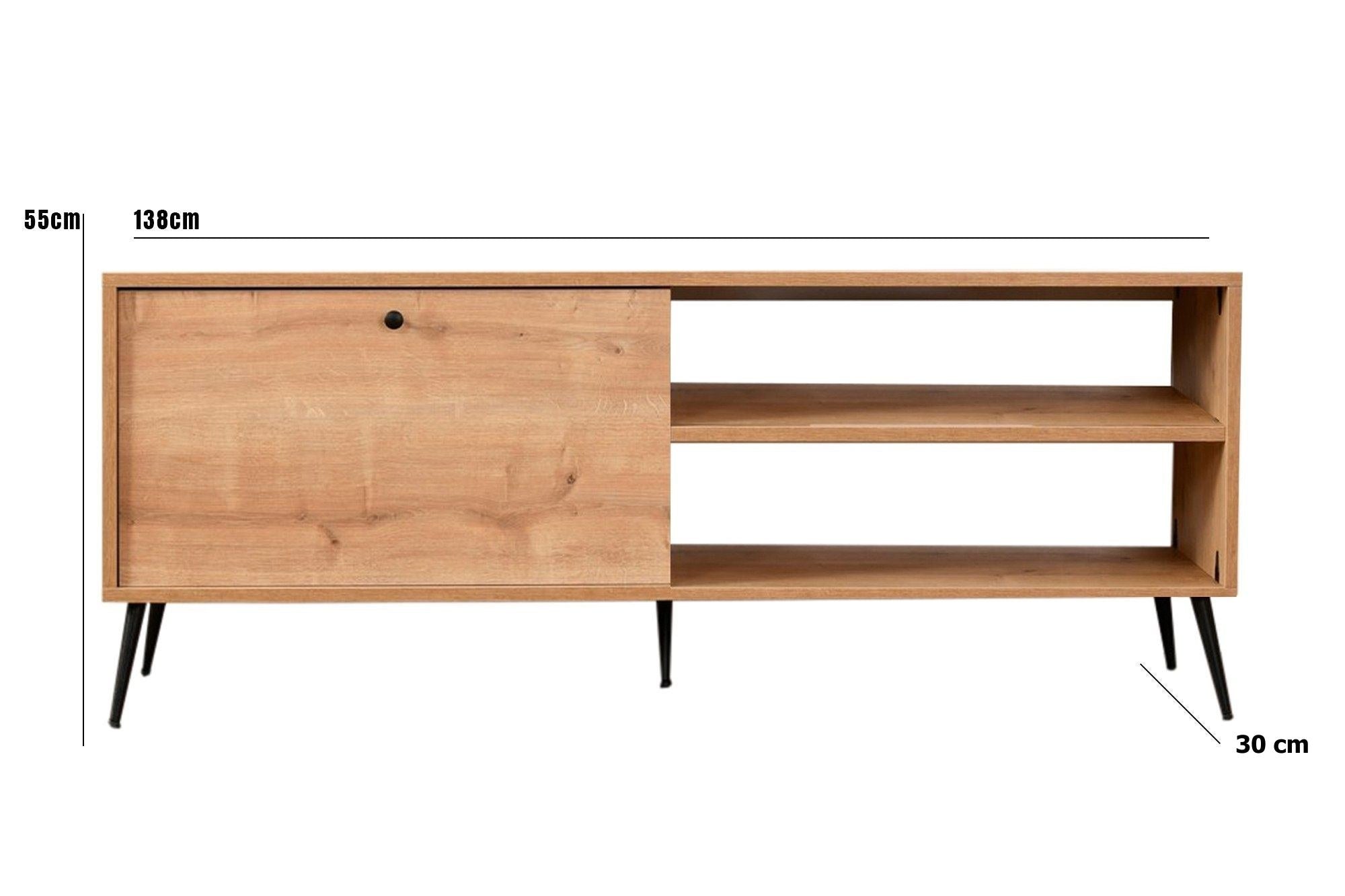 Móvel de TV elegante com pernas de metal, carvalho e preto, 138 x 30 x 55 cm | Painel de partículas 100% revestido de melamina | Design moderno para salas de estar e espaços de entretenimento