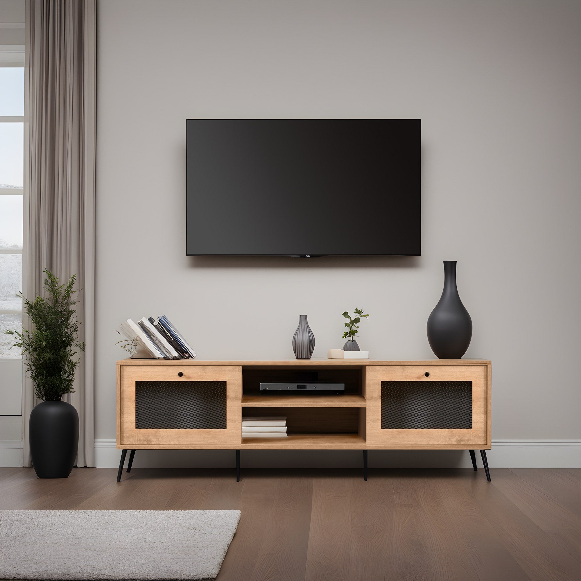 Móvel de TV elegante, carvalho e preto, 180 x 55 x 30 cm | Painel de partículas 100% revestido de melamina, portas de MDF e arame metálico, pernas de metal resistentes | Design moderno para sala de estar
